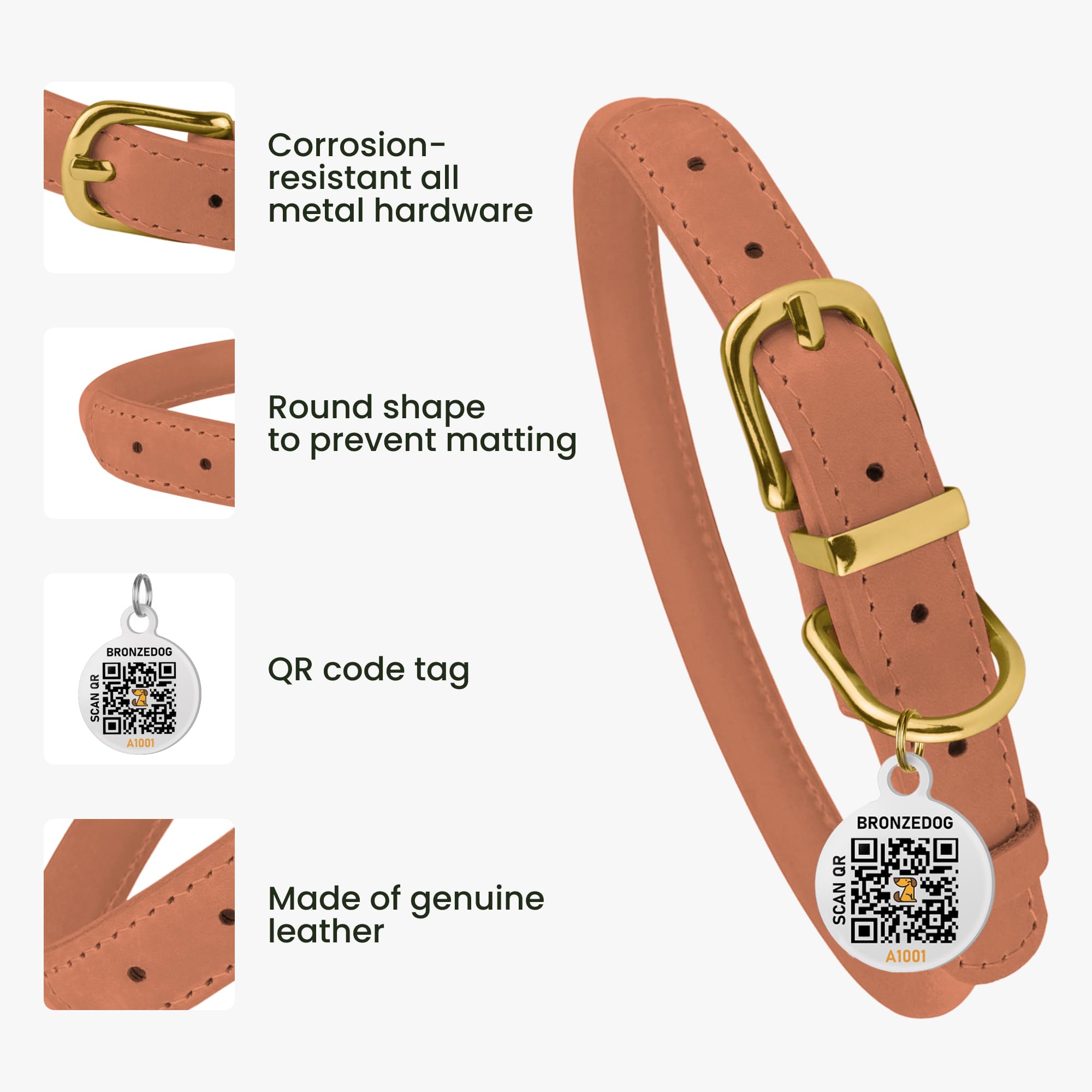 Bronzedog Rolled Leather Dog Collar With Qr Id Tag, Adjustable Soft Round Collars For Small Medium Large Dogs Puppy (19'' - 21''