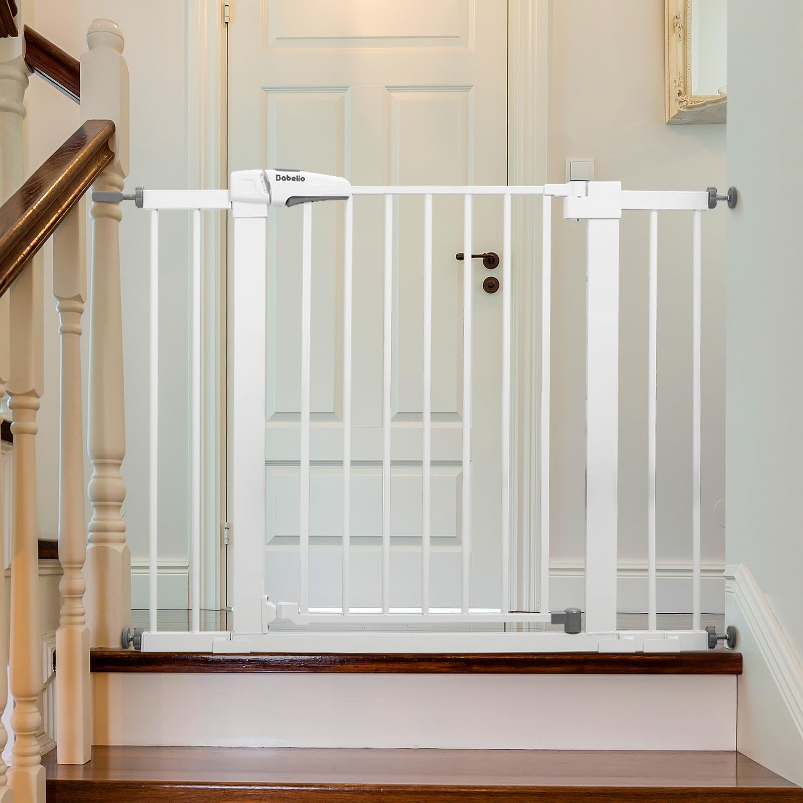 Babelio Metal Baby Gate, 29-43' Auto Close Easy Install Pet Gate, Extra Wide Walk Thru Child Safety Gate, 30' Tall Pressure Mounted Dog Gate For Doorways & Stairs, White