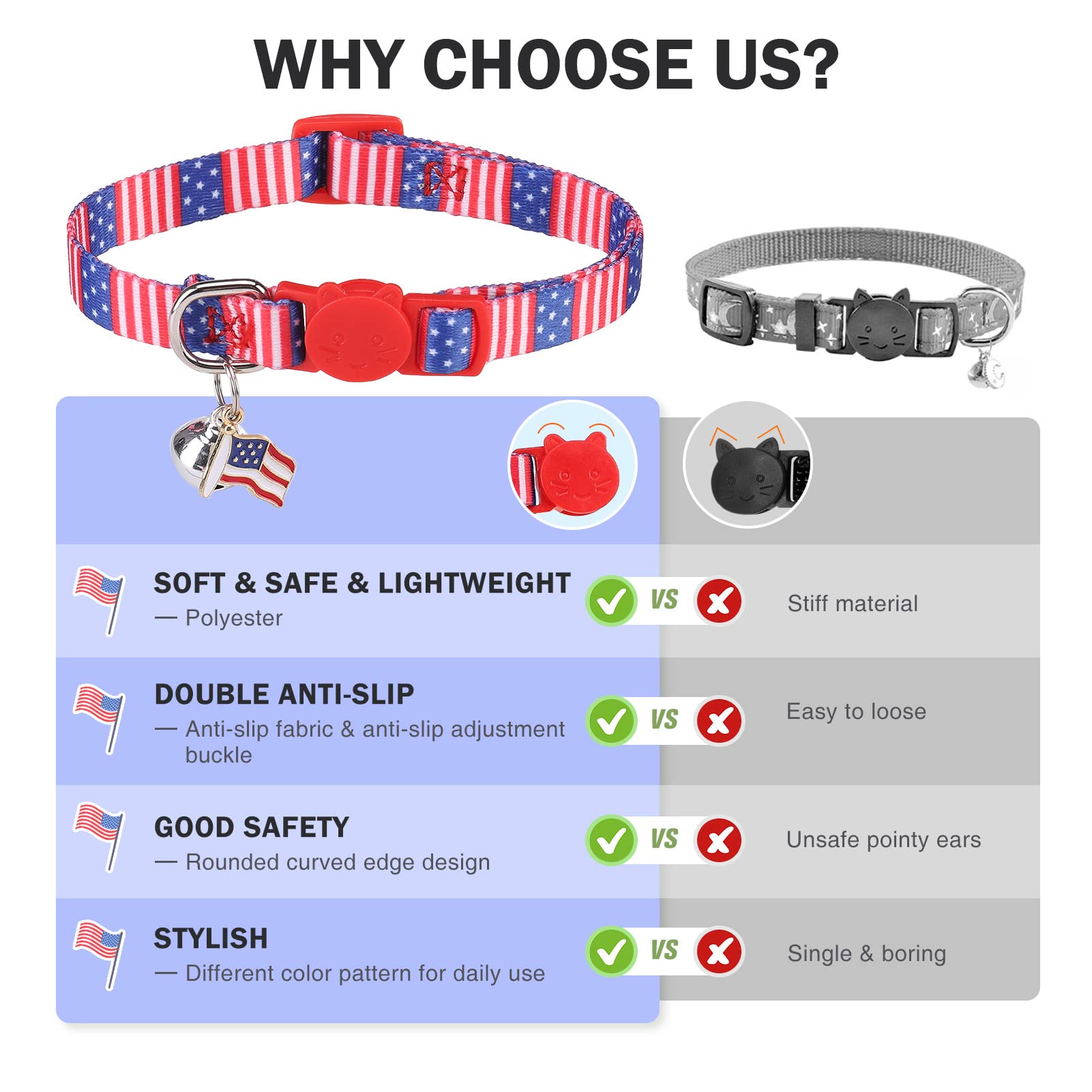 Dillybud 3 Pack Breakaway Cat Collars With Bell- 4Th Of July Cat Collar,Independence Holiday American Flag Kitty Collar For Girl