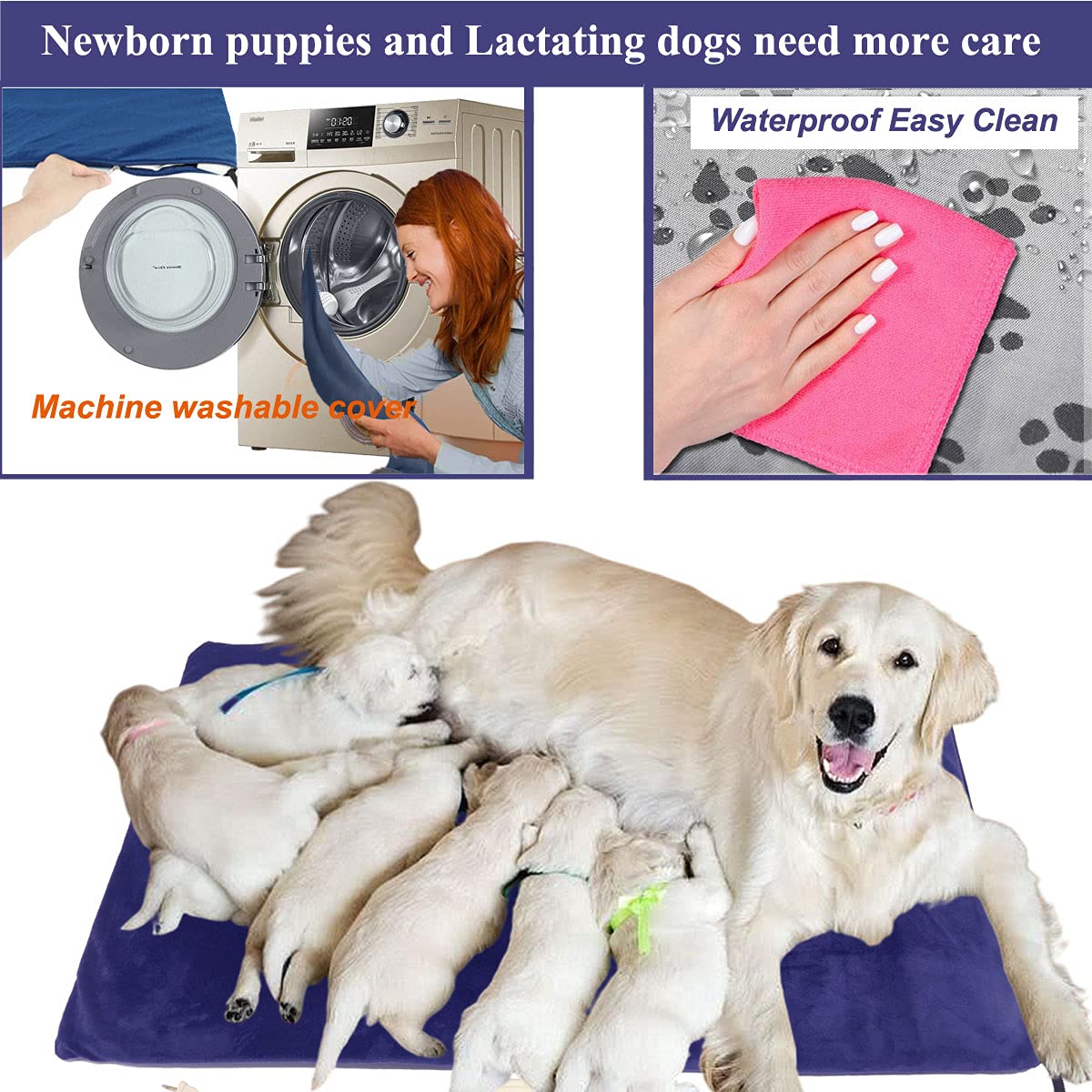 DEOMAN Pet Heating Pad - Large Dog & Cat Heated Bed, 34"x21", Grey, Water & Chew Resistant, Soft Washable Cover