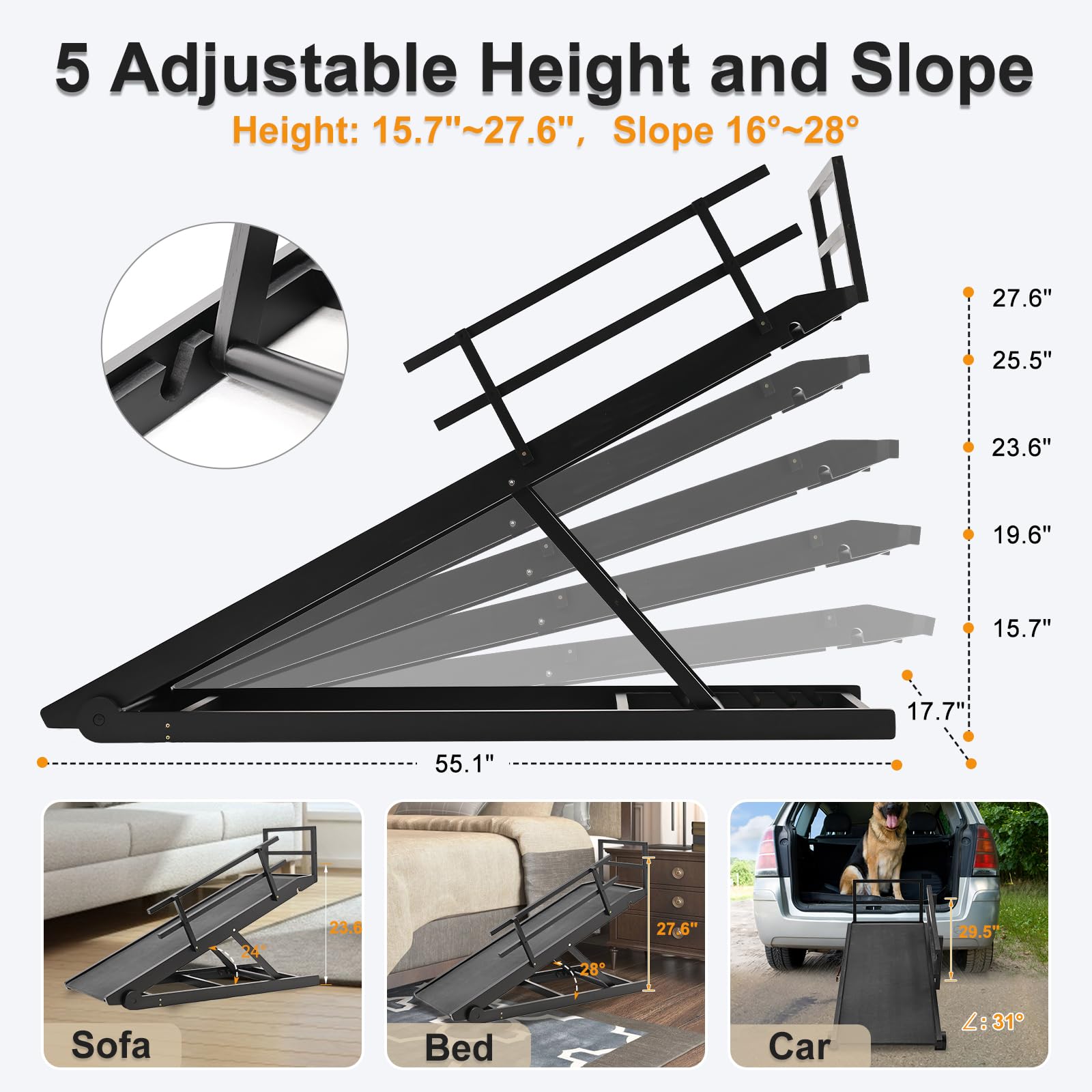 Meulbaty Dog Ramp for High Beds, Adjustable 15"-28" Height, Wood, Black, Model L