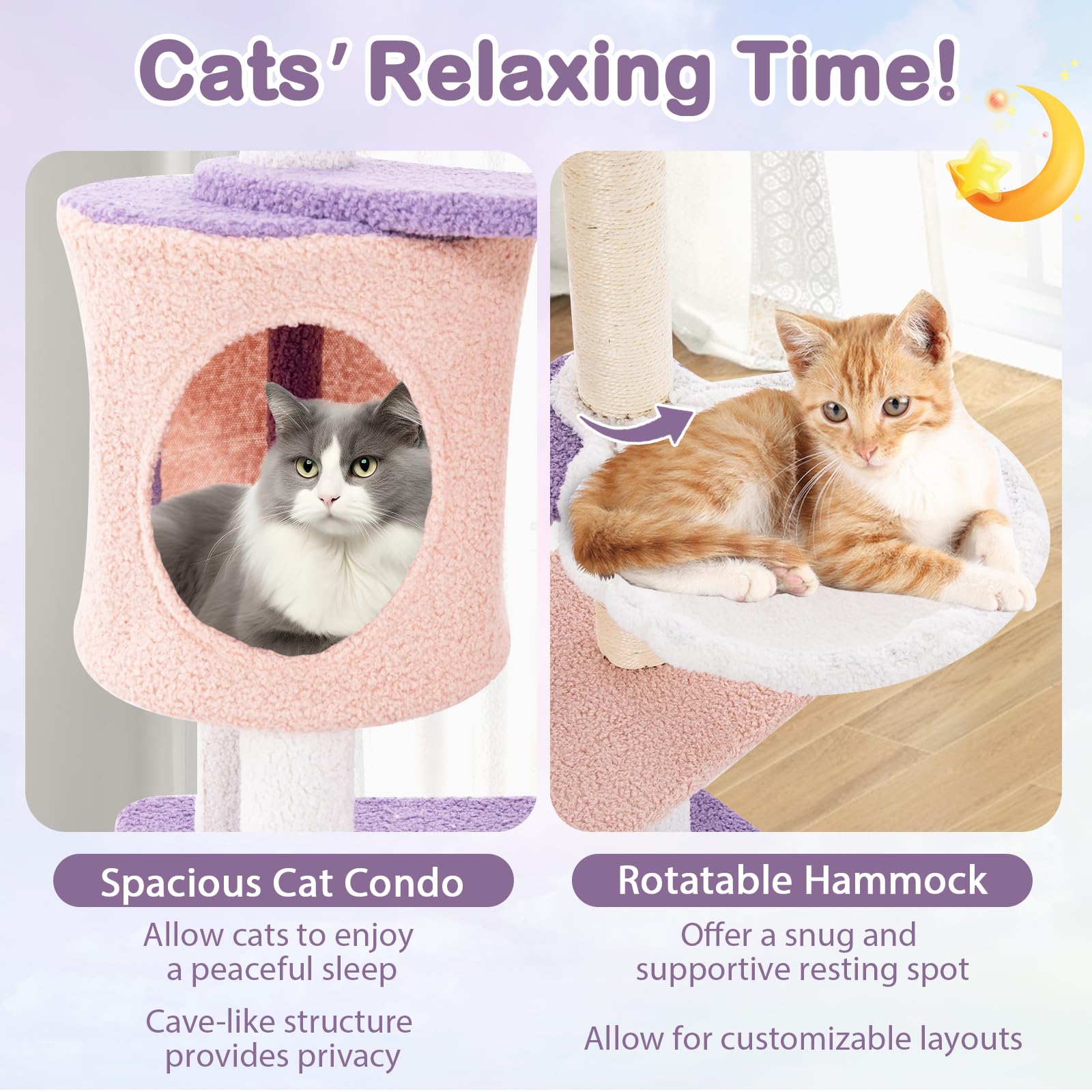 Tangkula Cat Tree Tower, 55 Inch Multi-Level Cat Tower With Cat Condo, Sisal Scratching Posts, Moon Star Plush Perch, Hammock, Cloud Platforms, Dangling Toys, Cute Purple Pink Cat Tree For Indoor Cats