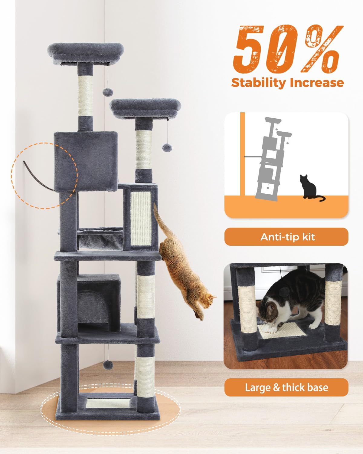 Muttros Tall Cat Tree 70.9''- Cat Tower With 6 Scratching Posts, Multi-Level Cat Climbing Tower With 2 Cat Condo, 2 Scratching B