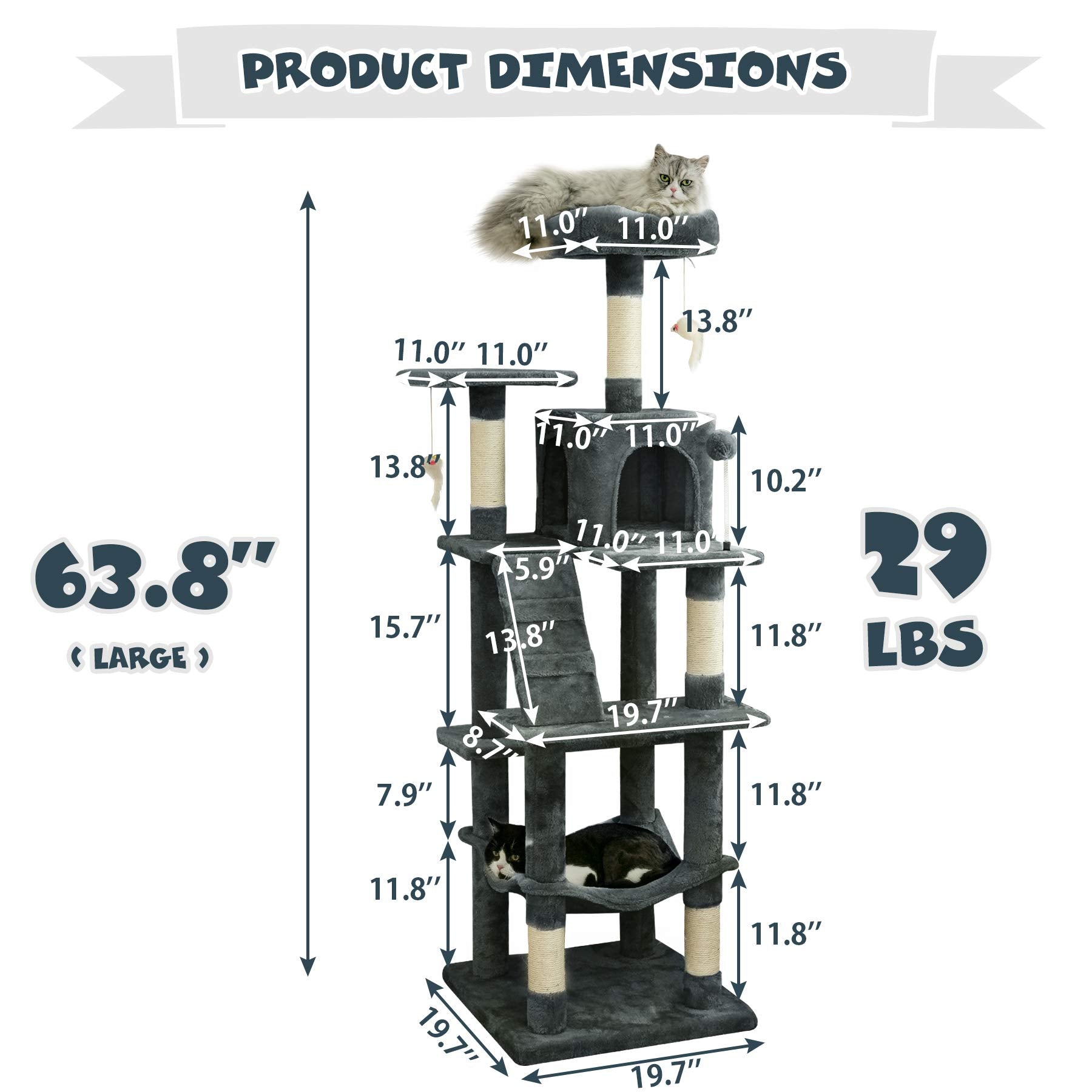 Mwpo 63.8 Inches Multi-Level Cat Tree For Large Cats With Sisal-Covered Scratching Posts, Padded Platform, Hammock And Condo,Stable Cat Tower Cat Condo Pet Play House-Smoky Gray