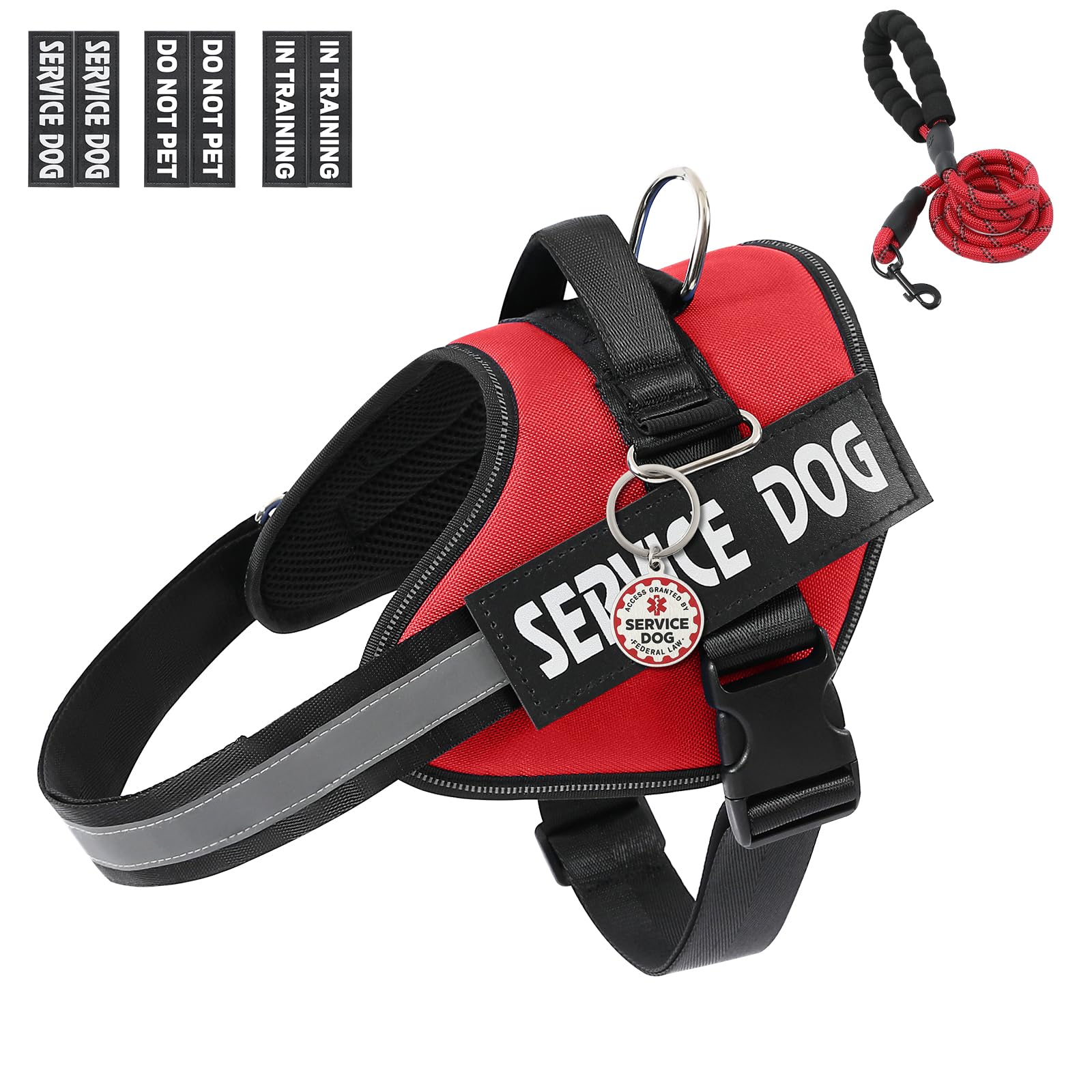 VOOPET Service Dog Vest Harness+ ID Tag and Leash Set+6 Patches,No Pull&Adjustable Reflective Dog Harness for Training,Suitable 