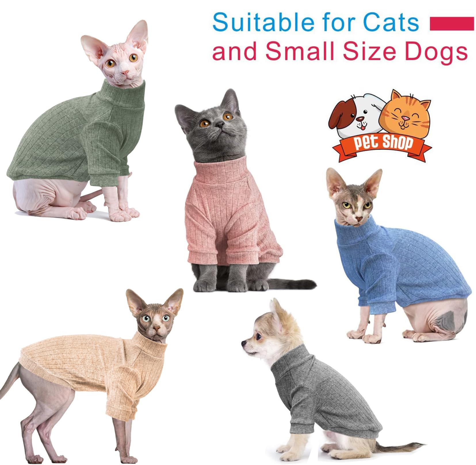 Idepet Sphynx Hairless Cats Sweater Shirt Kitten Soft Puppy Clothes Pullover Cute Cat Pajamas Jumpsuit Skin-Friendly Cotton Apparel Pet Winter Turtleneck For Cats And Small Dogs(X-Large, Blue)