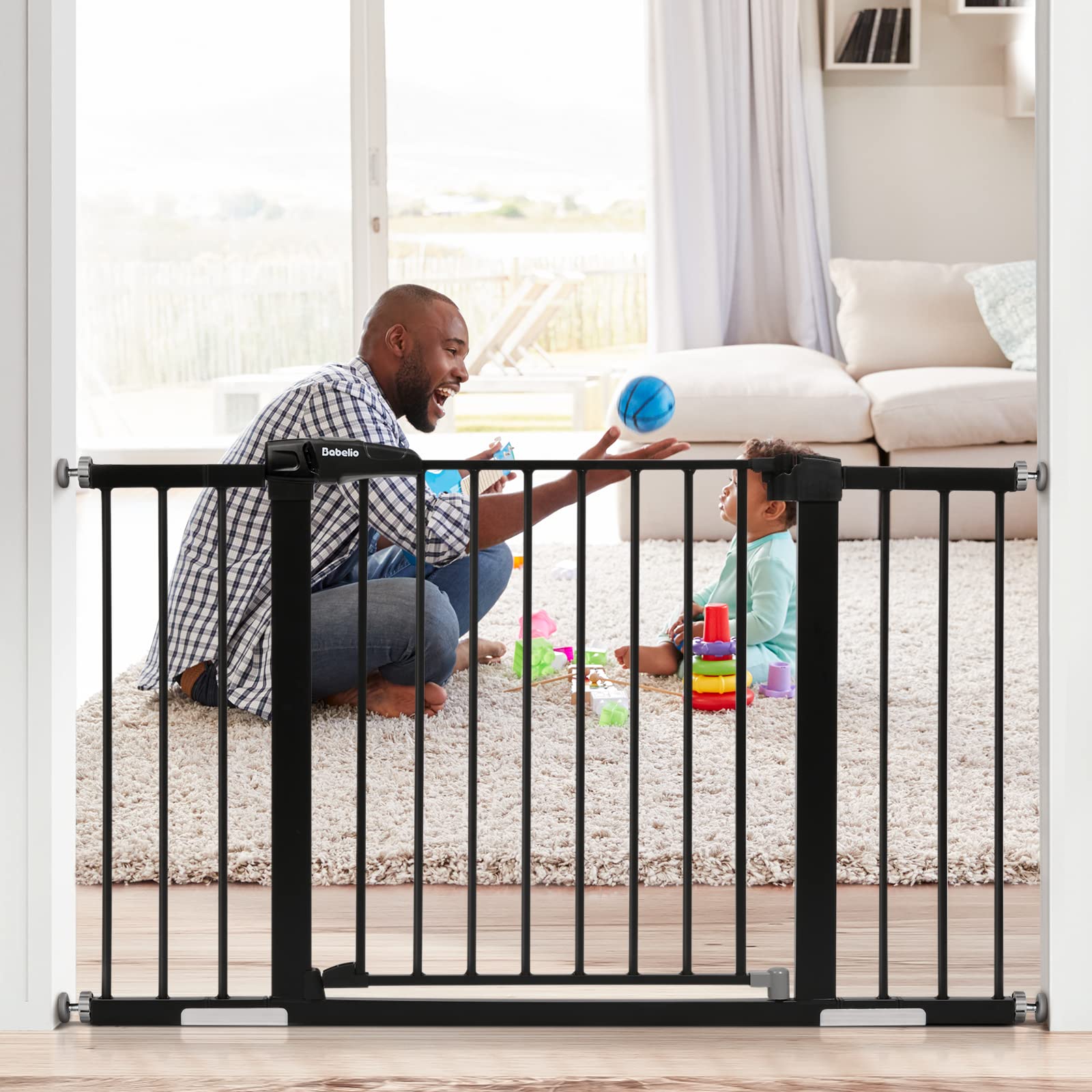 Babelio Metal Baby Gate, 29-48' Auto Close Easy Install Pet Gate, Extra Wide Walk Thru Child Safety Gate, Pressure Mounted Dog Gate For Doorways And Stairs, With Y Spindle Rods, Black