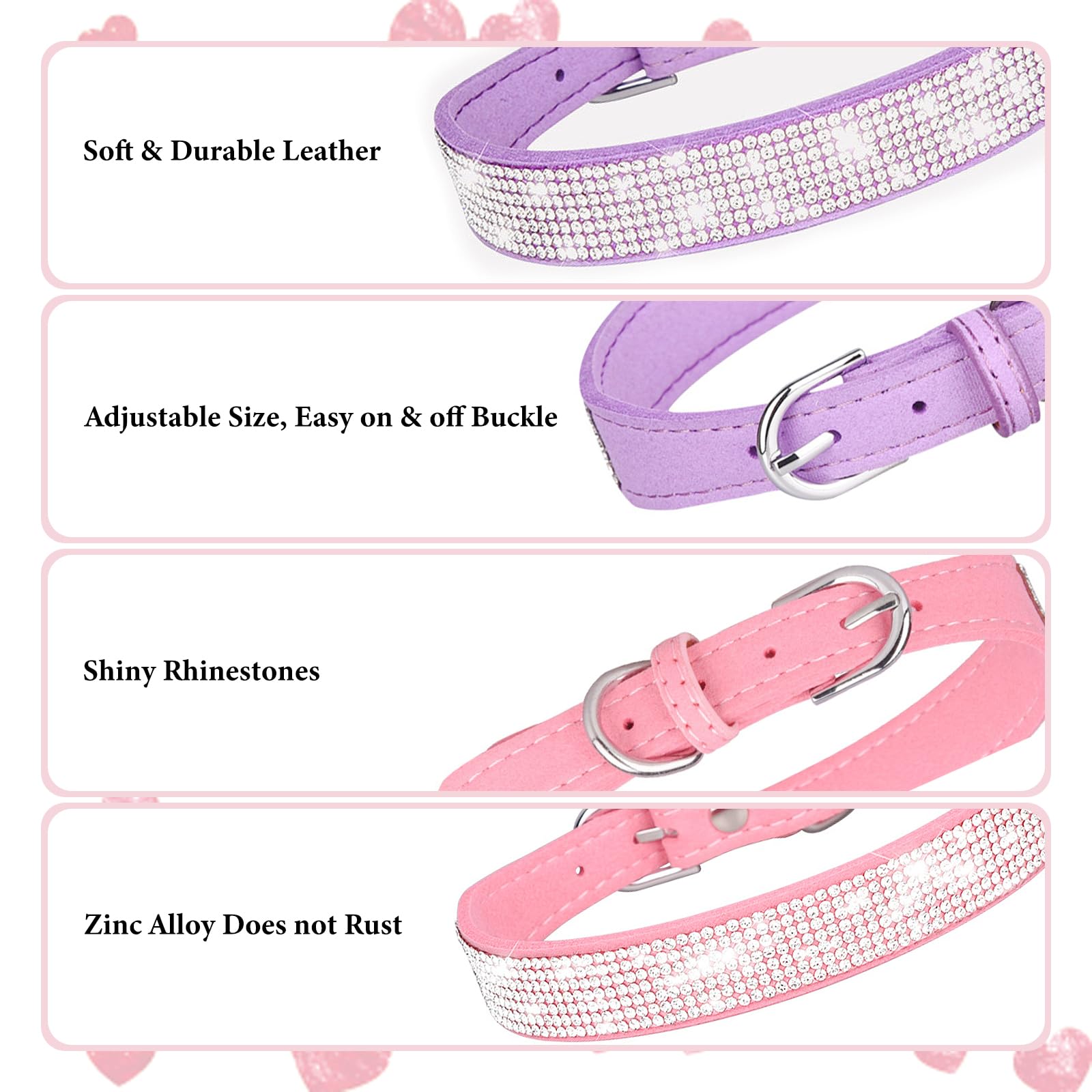 Glitter Dog Collar Xxs, 2-Pack Pink+Purple Bling Diamond Kitten Collar Soft Suede Sparkle Rhinestone Jewelry Crystal Female Pupp