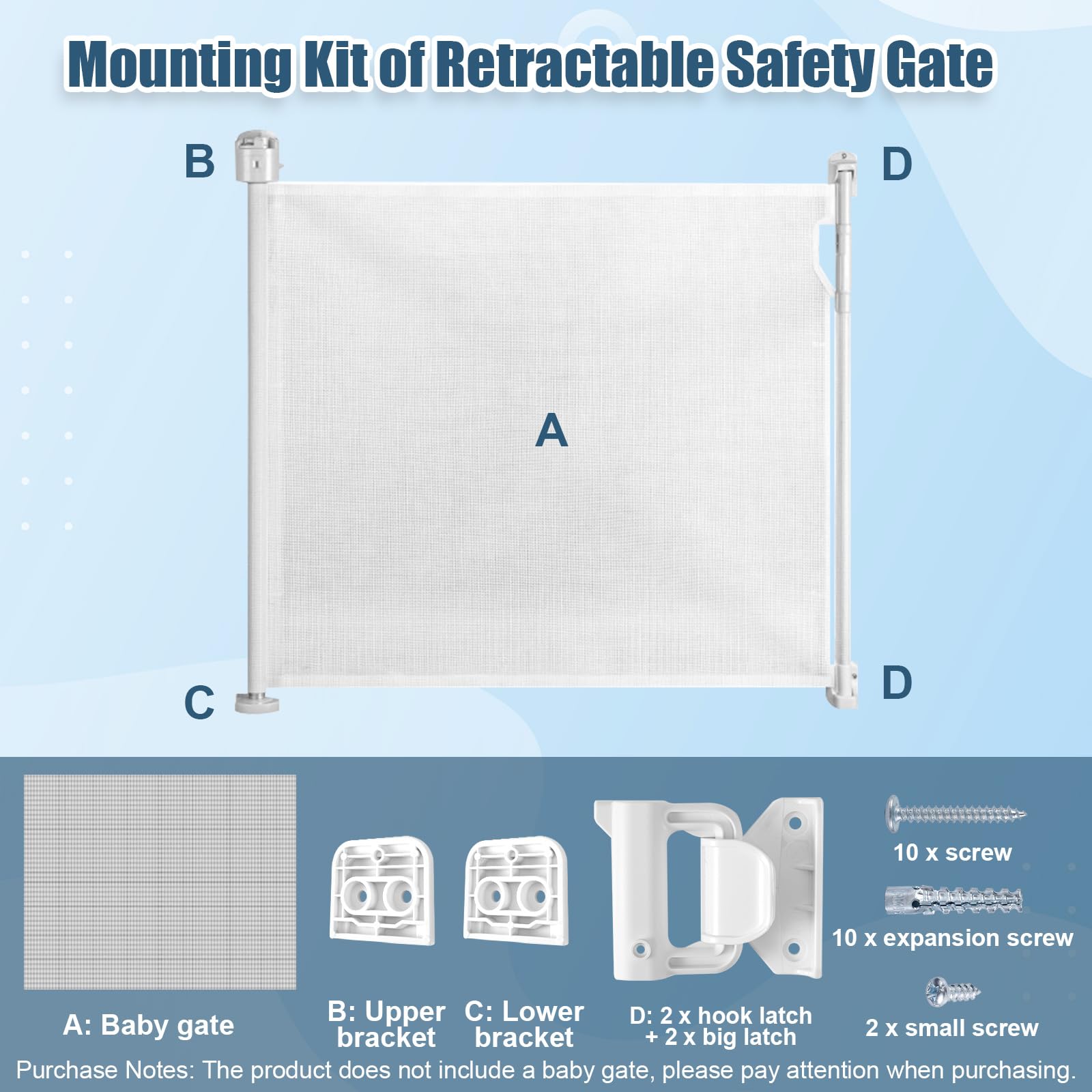 Baby Gate Replacement Parts Kit with Hardware, Wall Mounting Kit, Accessories - Brackets, Hooks, Latches, Screws for Mesh and Re