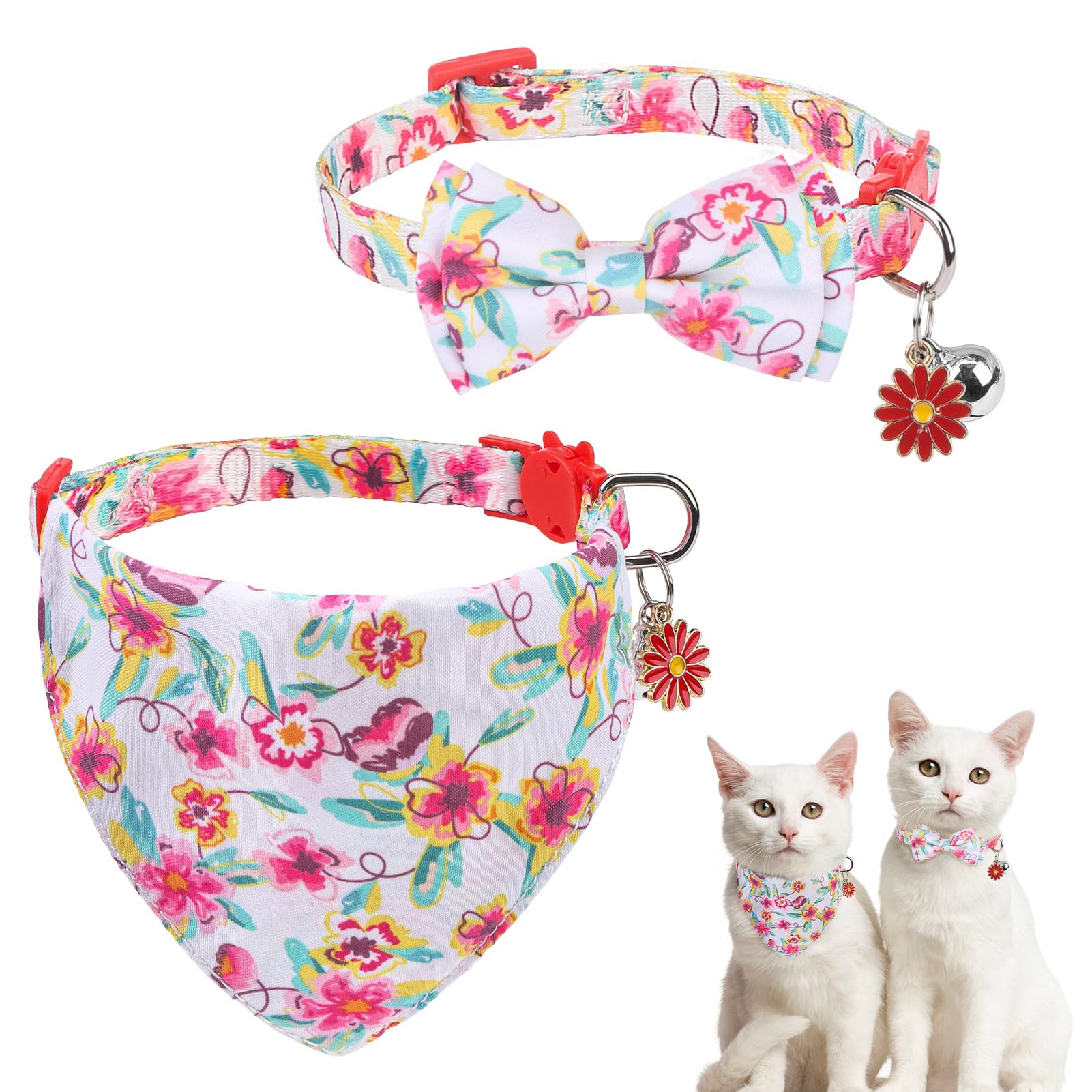 Scenereal Floral Cat Bandanas - 2 Pack Breakaway Collars With Bell Bowtie, Accessories For Pet Birthday, Adjustable Cute Cat Col