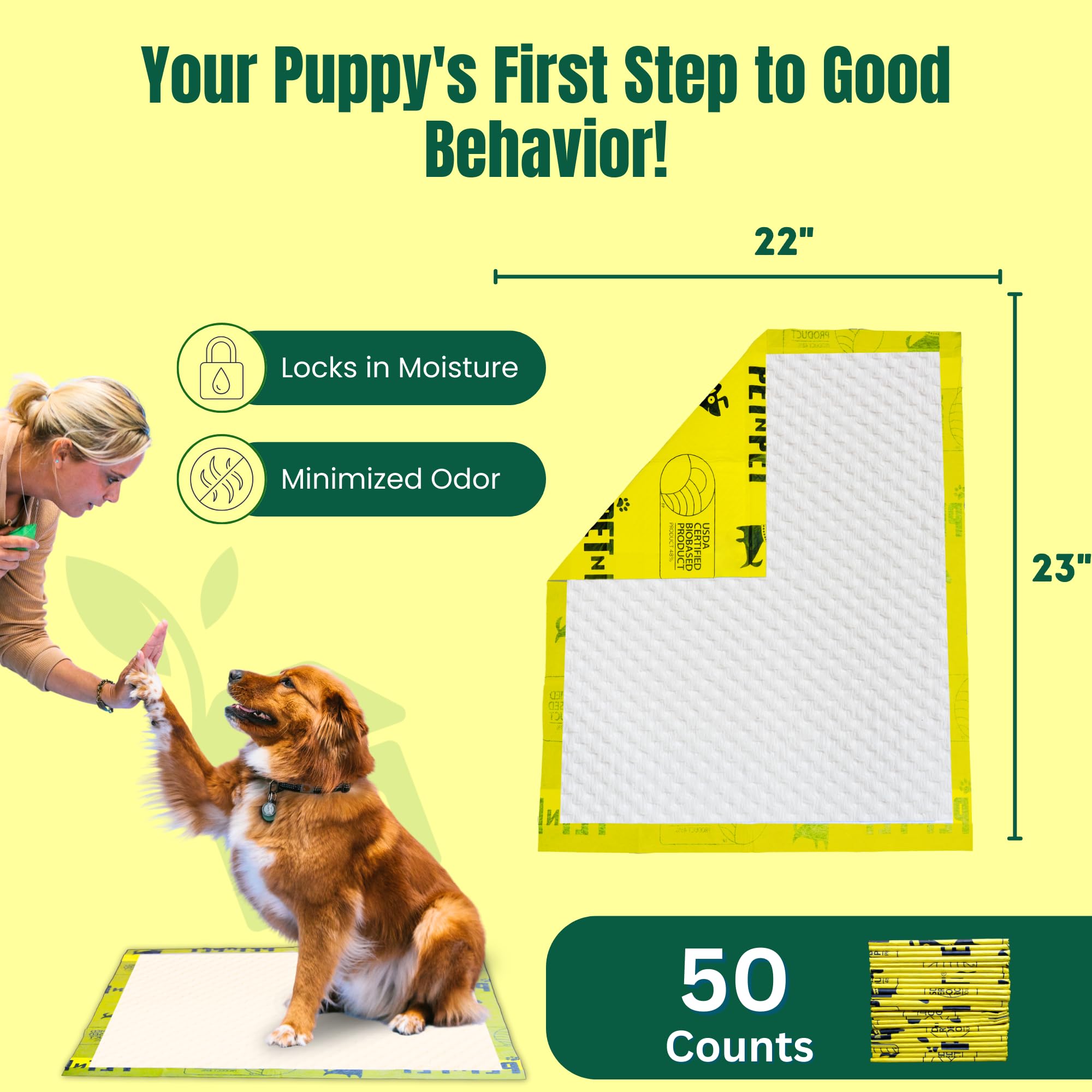 Pet N Pet 50 Counts Pee Pads for Dogs, 48% USDA Certified Plant Based Puppy Pee Pads, Unscented Dog Pad, Leak-Proof Training Pad