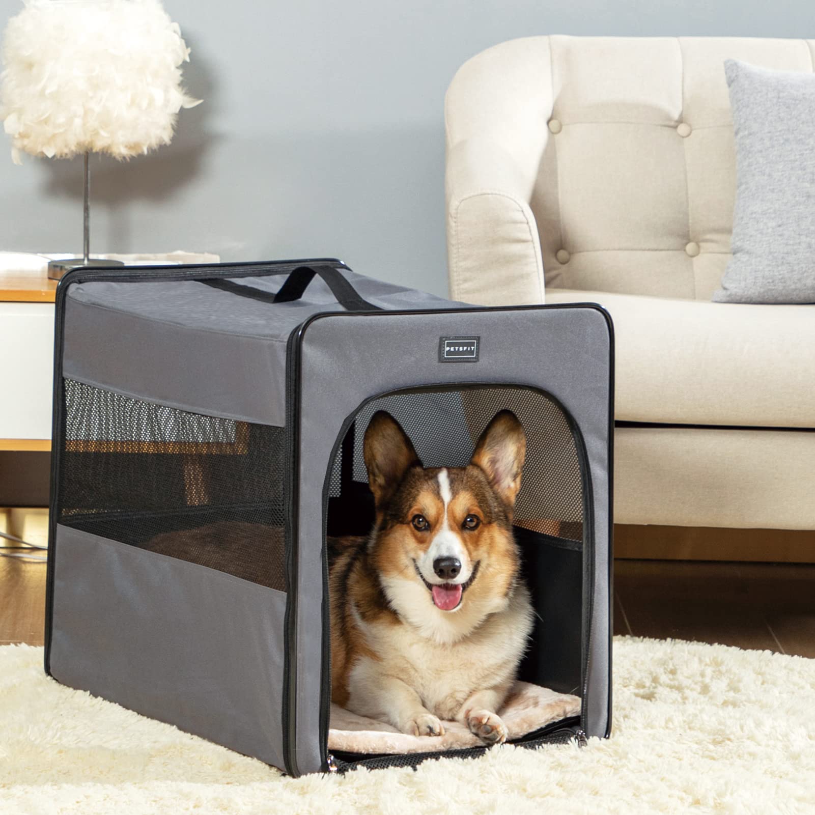 Petsfit Collapsible Dog Crate, Upgrade Zipper And Strengthen The Seam, To Prevent From Escaping, Dog Travel Crate 24 Inch Grey