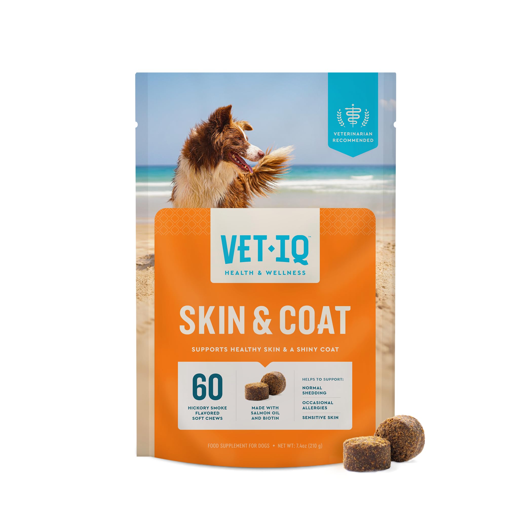 VetIQ Skin and Coat Supplement for Dogs, Helps Maintain Healthy Skin and Shiny Coat, Hickory Smoke Flavor Dog Chew, 60 Count