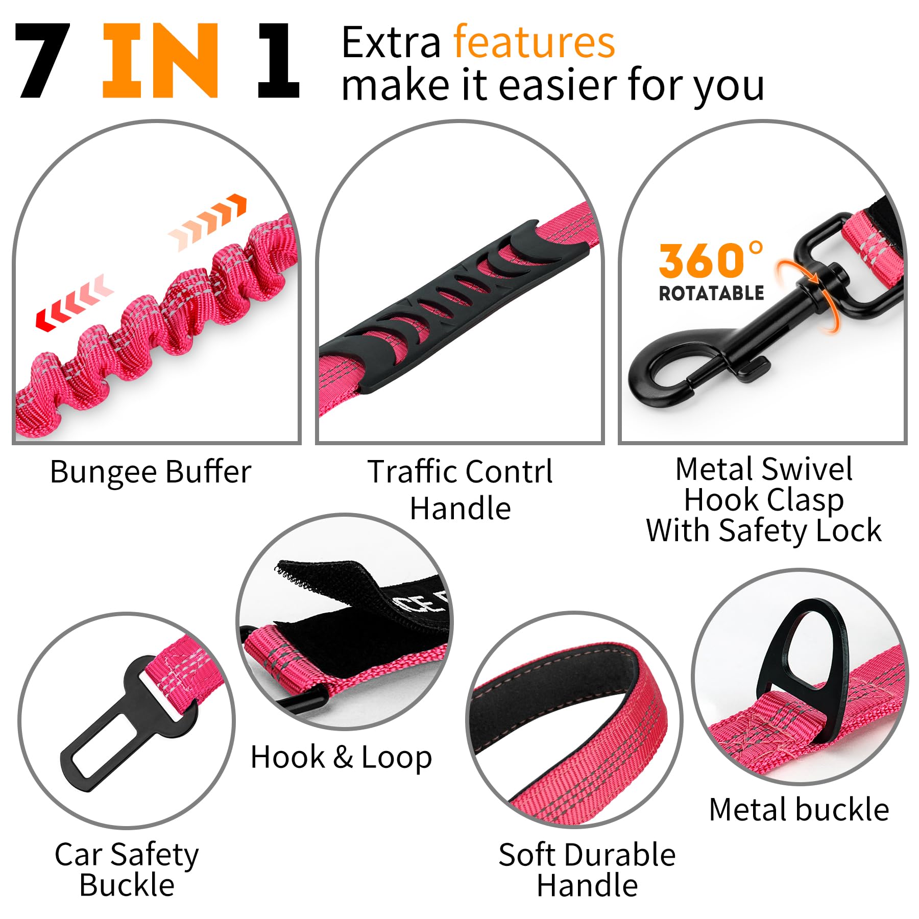 Ironseals 5.2-6 Ft Retractable Reflective Dog Leash Strong Bungee Shock Absorbing Dog Leash With Car Seatbelt And Double Padded