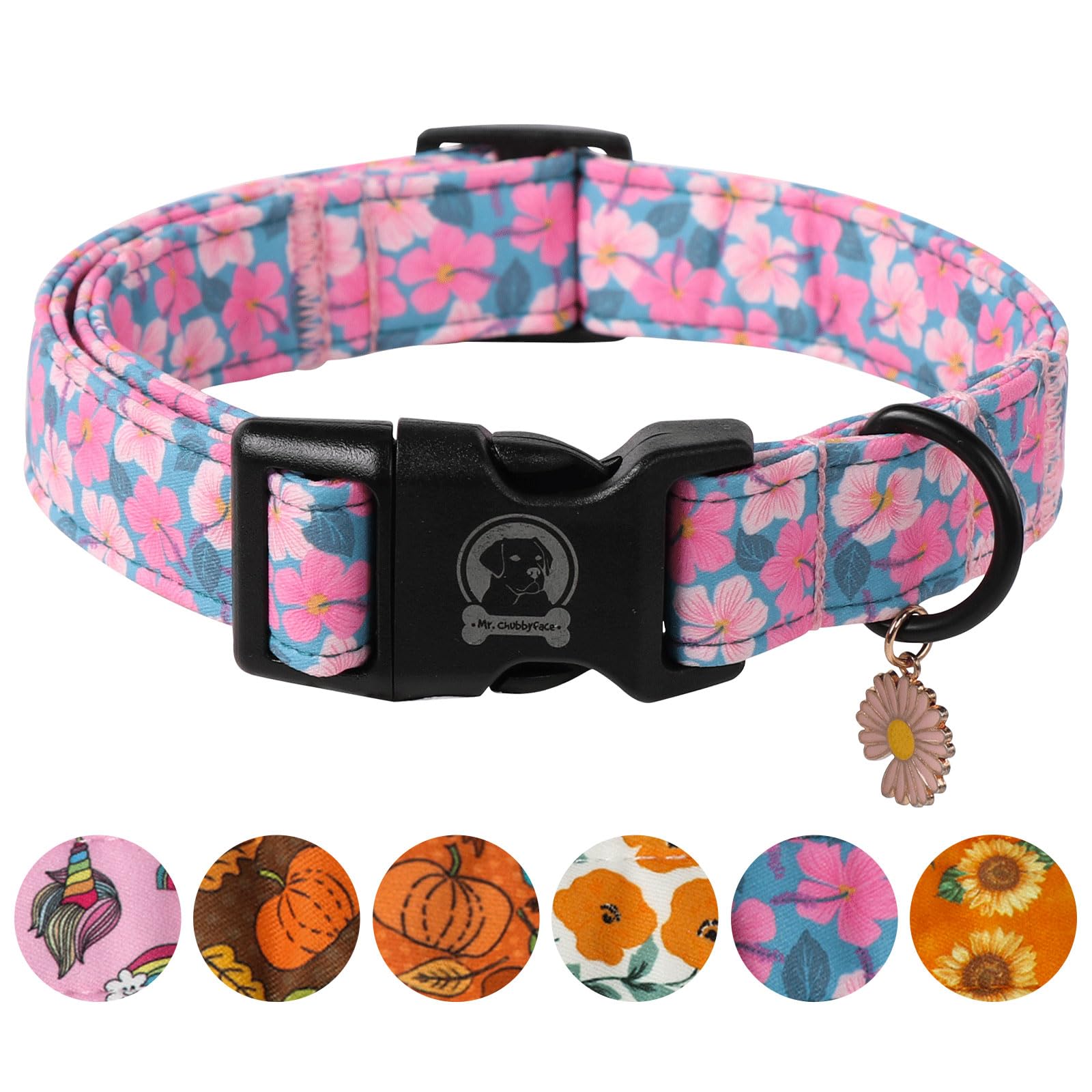 Mr.Chubbyface Pink Floral Dog Collar, Cute Flower Pet Collar With Adjustable Heavy-Duty Buckle, Flower Pattern Puppy Collar For 