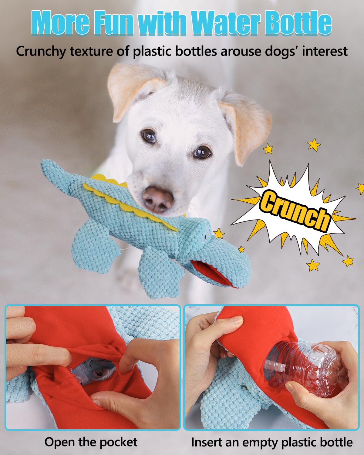 SCHITEC Squeaky Dog Toys, Plush Water Bottle Chew Toy, Medium, Blue & Green, 2 Pack, Interactive Teething Toy for Small to Large Dogs