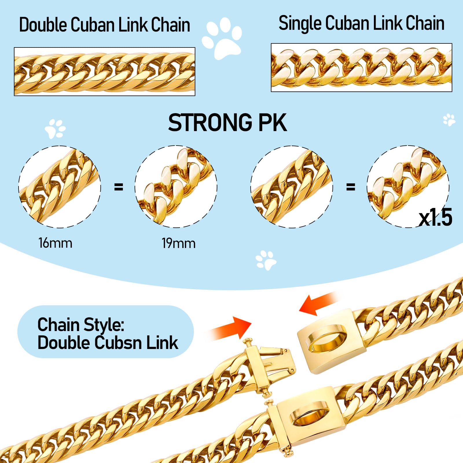 Baobote Gold Chain Dog Collar, 16Mm Heavy Duty Cuban Link Collar With Secure Snap Buckle, Chew Proof For Dogs (18'' Gold)