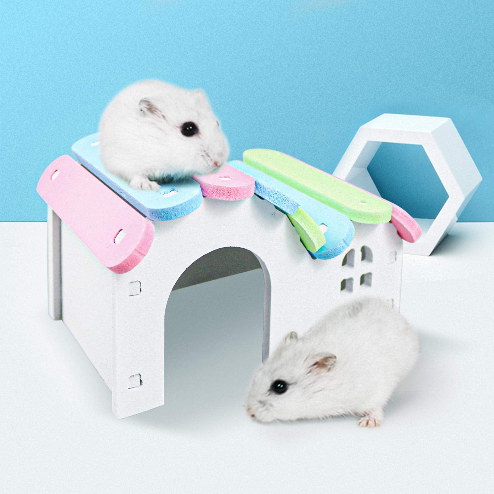 Dwarf Hamsters House Diy Wooden Gerbil Hideout Rainbow Bridge Swing And Pvc Seesaw, Pet Sport Exercise Toys Set, Sugar Glider Sy