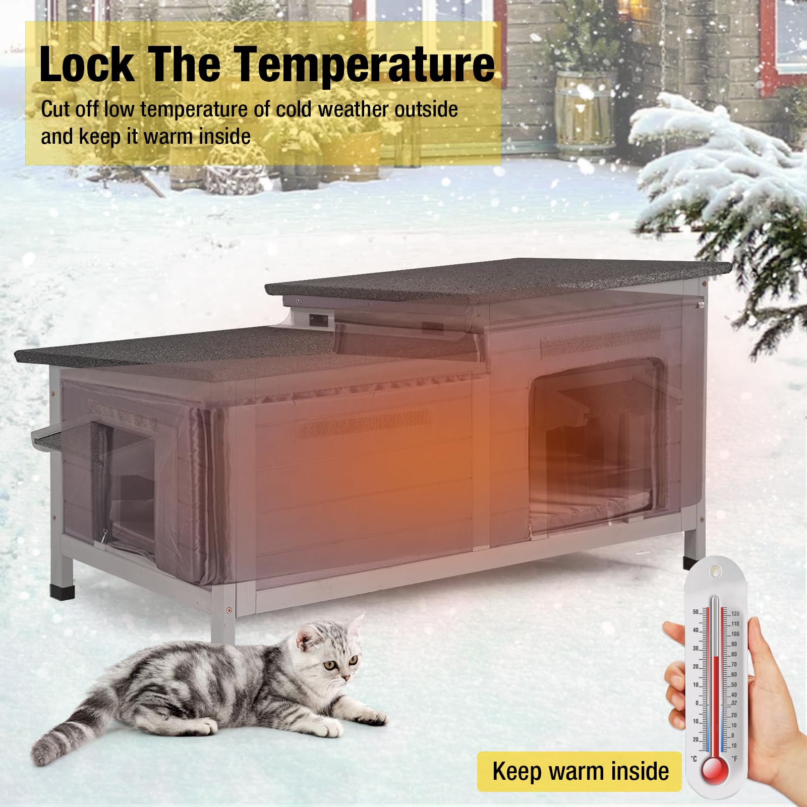 Aivituvin Outdoor Cat House Insulated Feral Cat Shelter Weatherproof For Winter Double Rooms