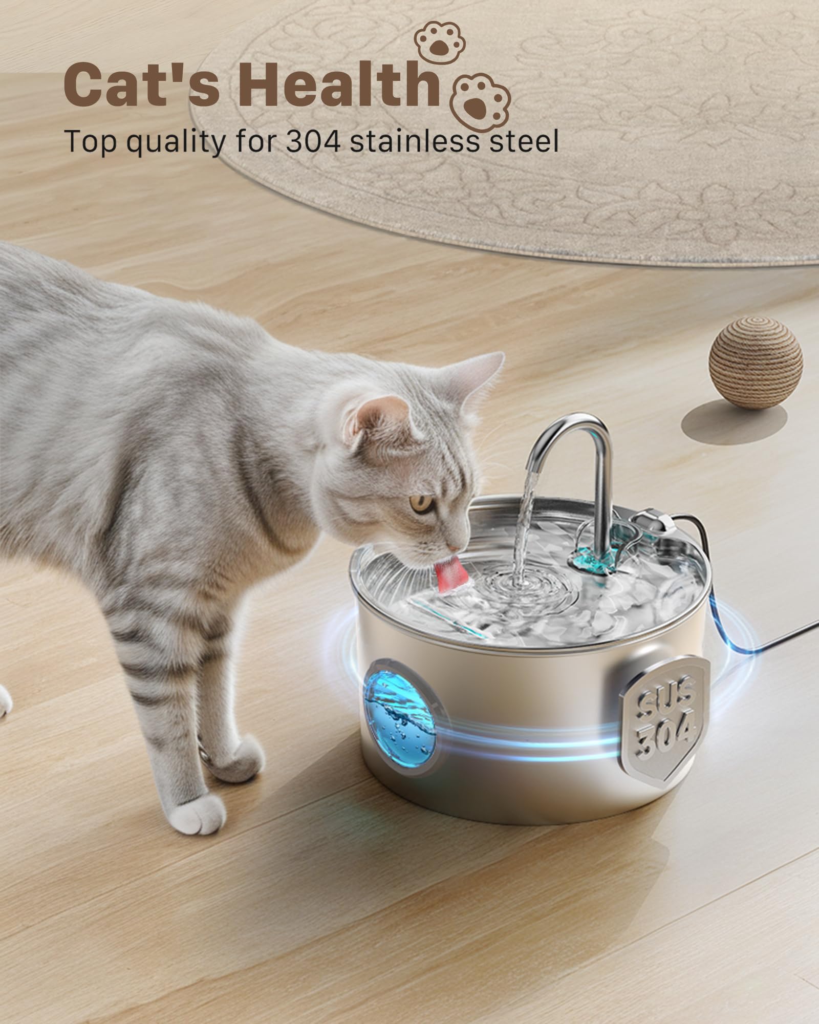 Cat Water Fountain Stainless Steel: 74Oz/2.2L Cat Fountain For Drinking - Pet Water Fountain For Cats Inside - Quiet Cats Water