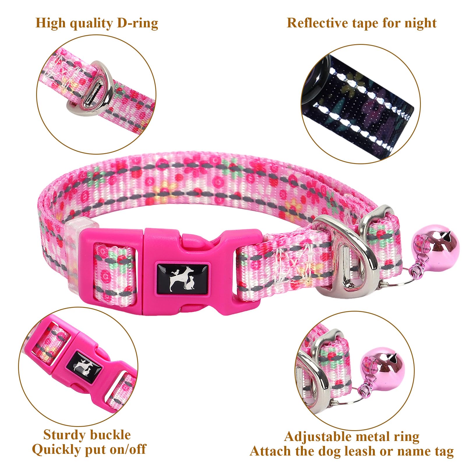 Pink Puppy Collar With Bell - Reflective Adjustable Nylon Kitten-Safe Collar For Small Dogs & Cats, Soft Flower Pattern Design F