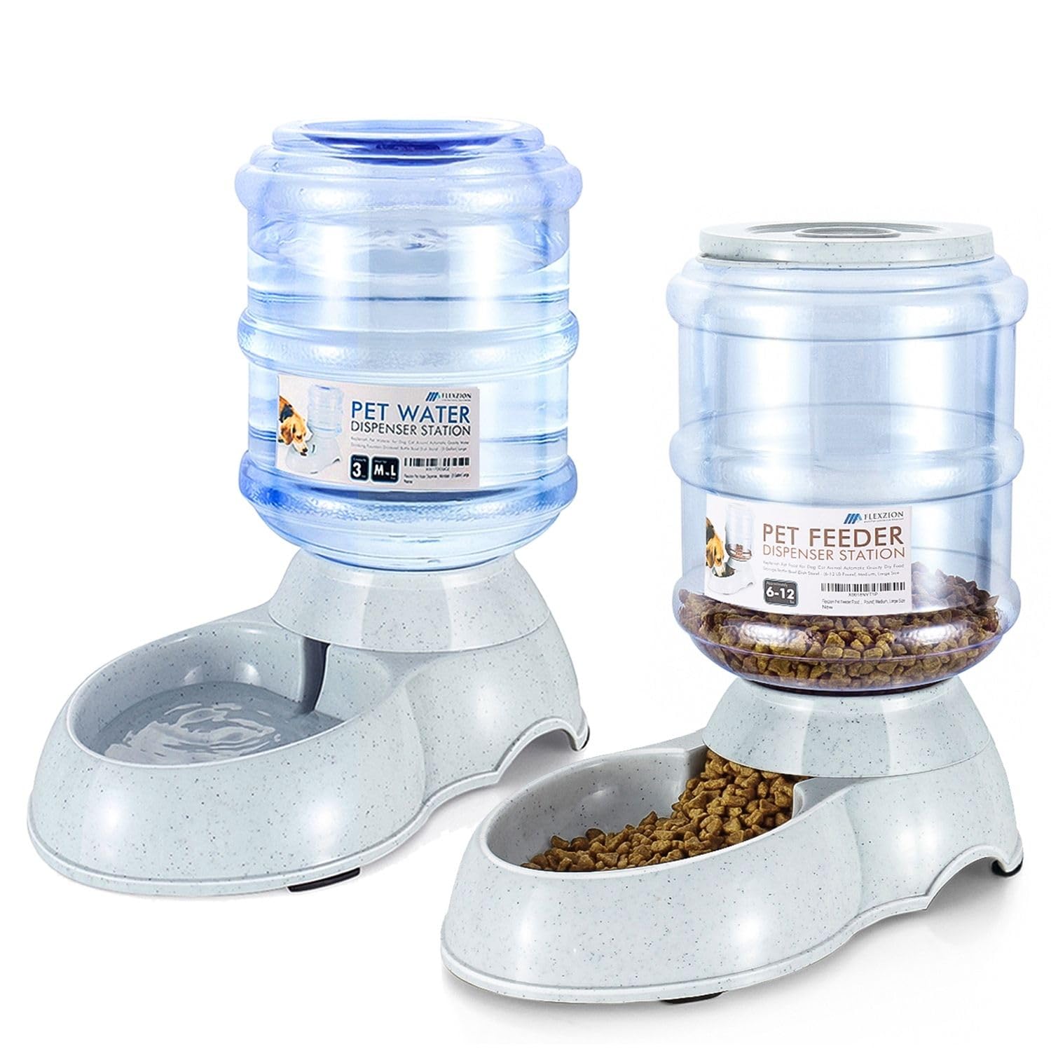 Flexzion Automatic Pet Feeder & Waterer Set of 2 Pack, Self Feeding Replenish Dog Cat Bowls, Gravity Food & Water Storage Contai