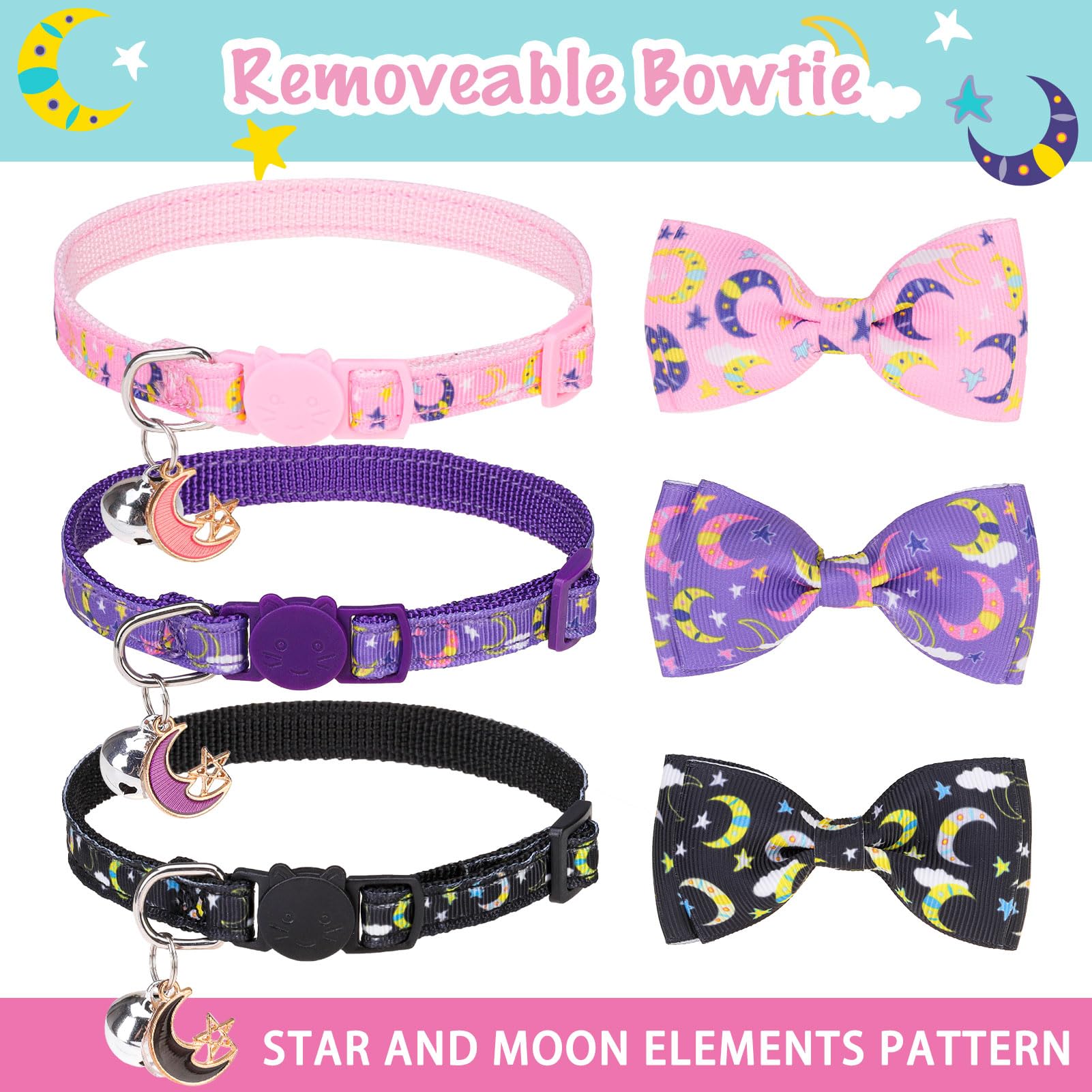 Scenereal Cat Collar Breakaway 3 Pack - Safety Kitten Collar With Bells Moons Stars Bowtie, Spring Summer Pet Accessory For For