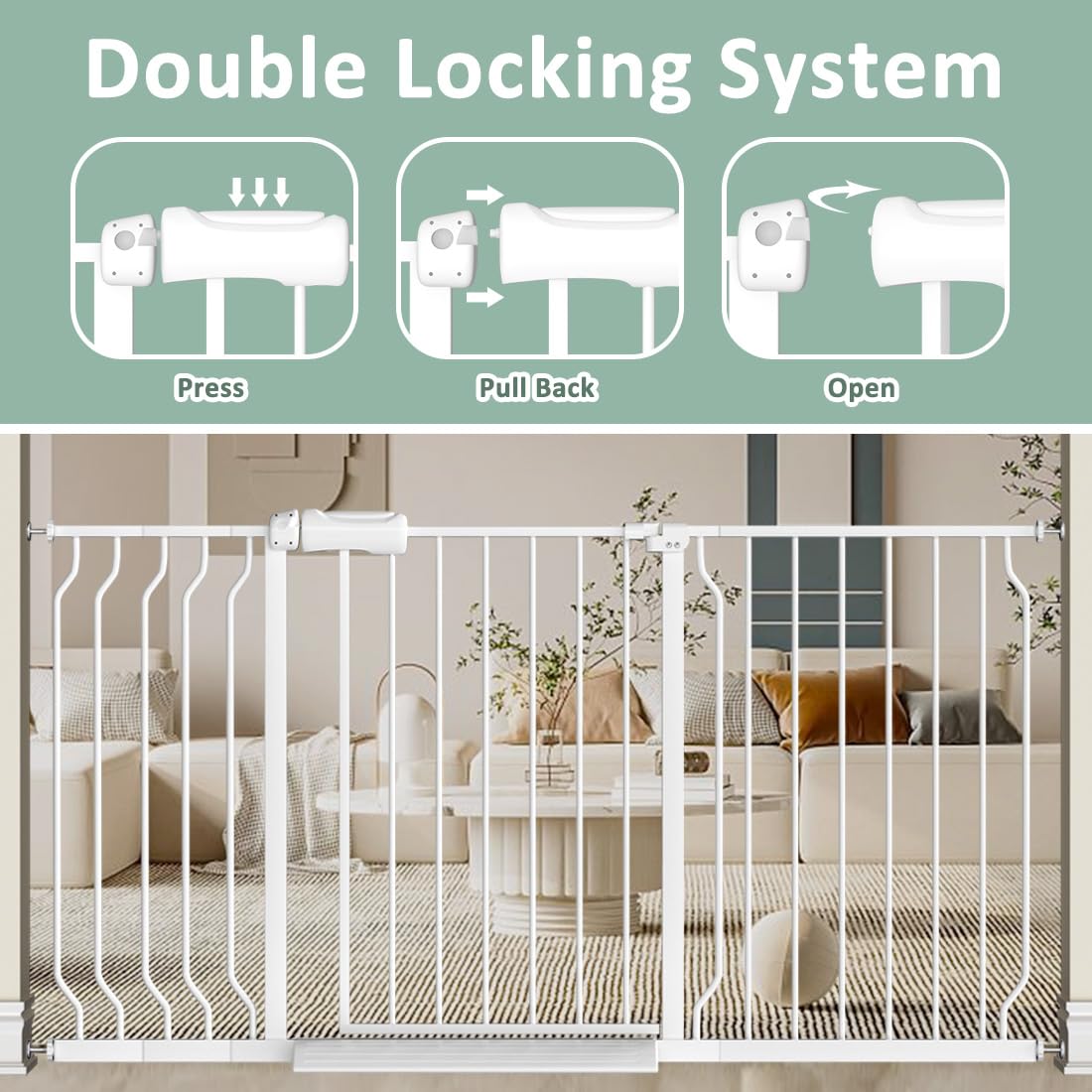 Walk Through Baby Gate With Door, 38.5-43.3 Inch Wide Presure Mounted No Drill Metal Child Gate For Stair Doorway - Indoor Outdoor Safty Gate For Toddler Dog Doggie, White Standing 37.8 Inches Tall