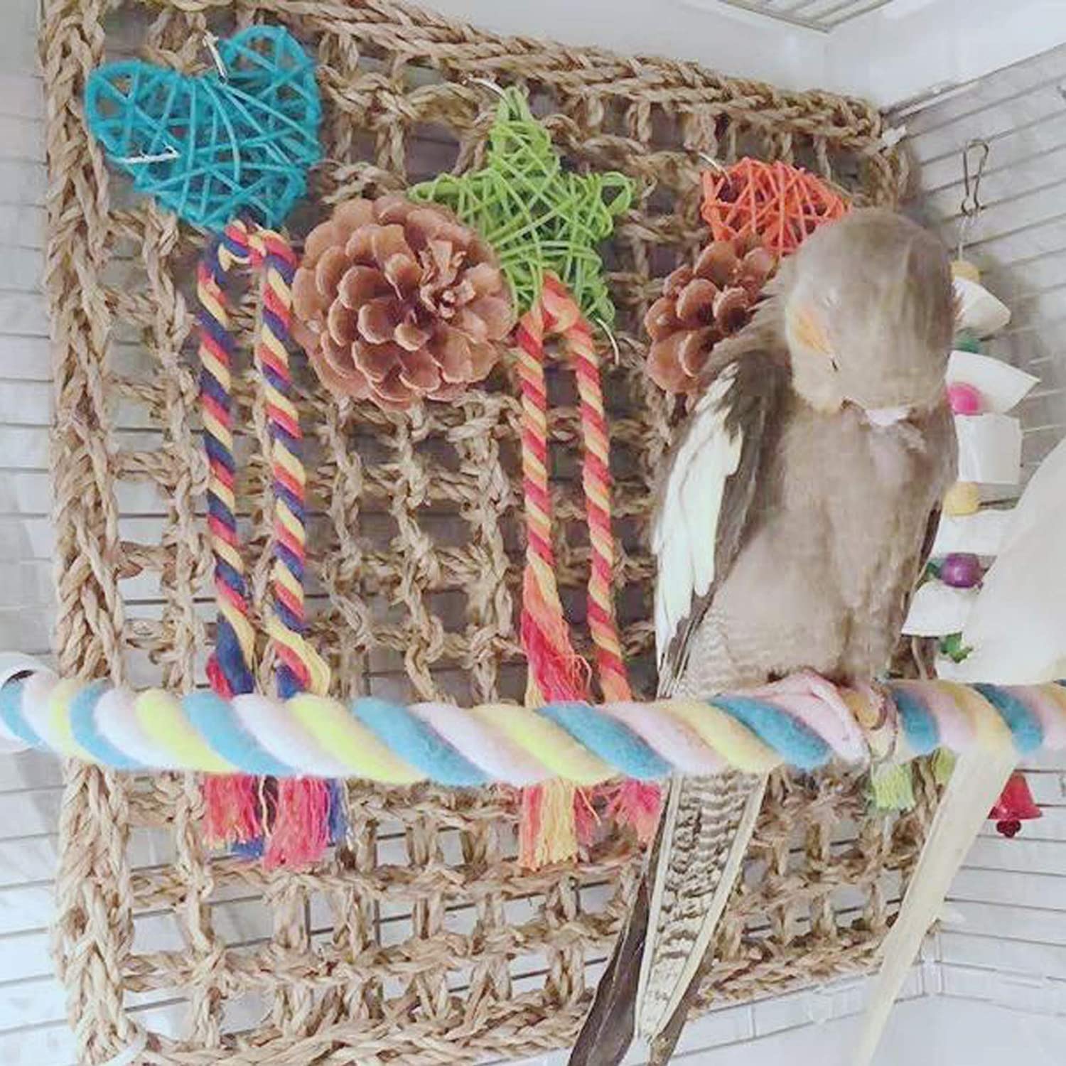 Bird Seagrass Mat,Natural Seagrass Woven Net Bird Foraging Chew Wall Toys Parakeet Hammock Mat With Hooks For Lovebird Cockatiel Conure Budgie,Size 28.3' X 6.7' And 11.81' X 11.81'(2 Pcs)