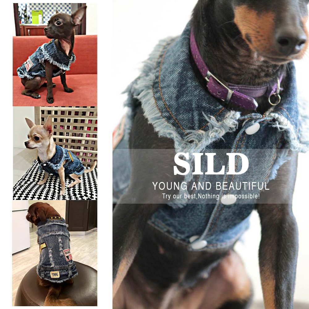 SILD Pet Clothes Dog Jeans Jacket Cool Blue Denim Coat Small Medium Puppy Blue Vintage Washed Clothes Dogs Lapel Vests Classic H