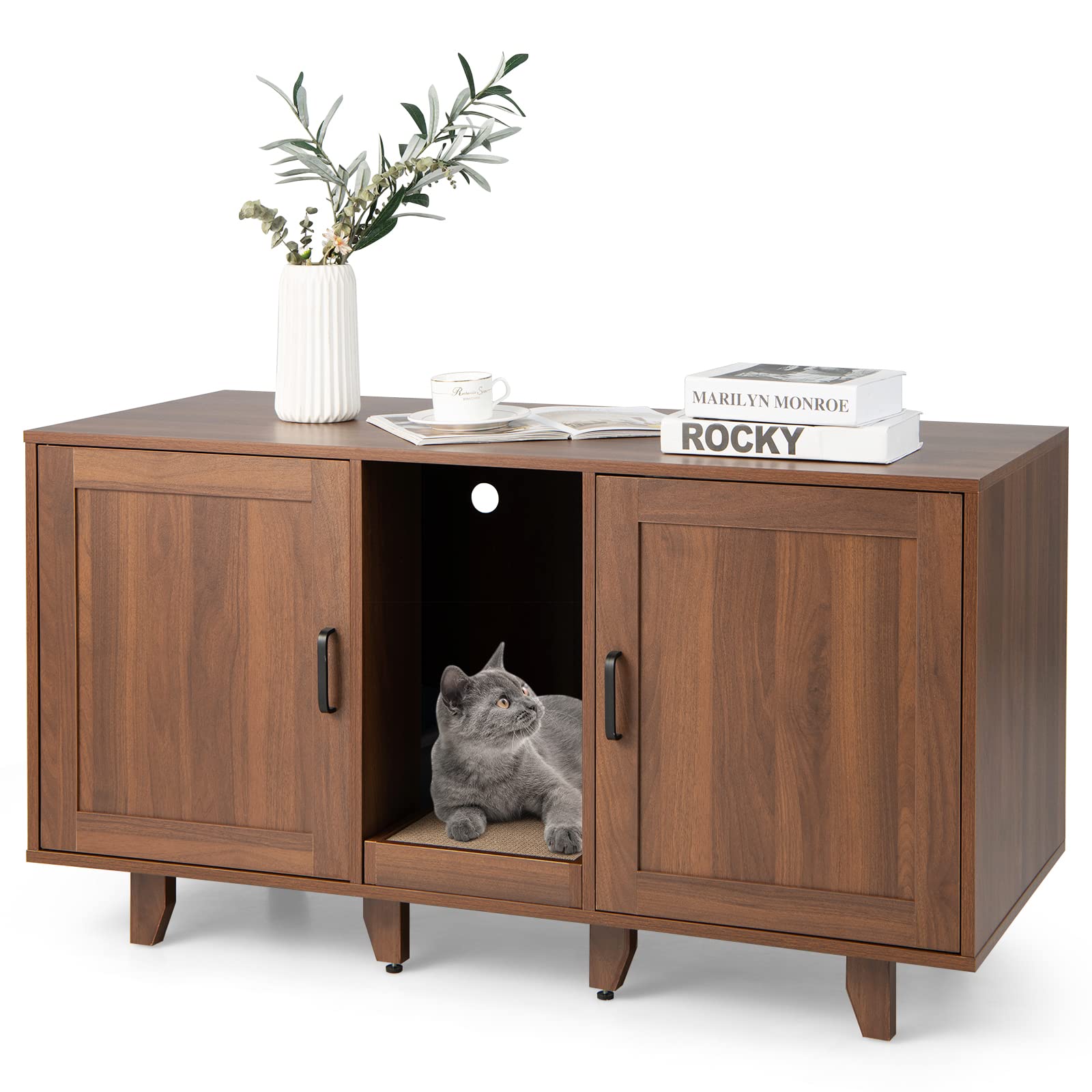 Petsite Cat Litter Box Enclosure Furniture For 2 Cats, Large Litter Box Cabinet With Scratching Board, And Adjustable Foot Pads, Indoor Cat House Tv Stand Side Table, Double Hidden Litter Box