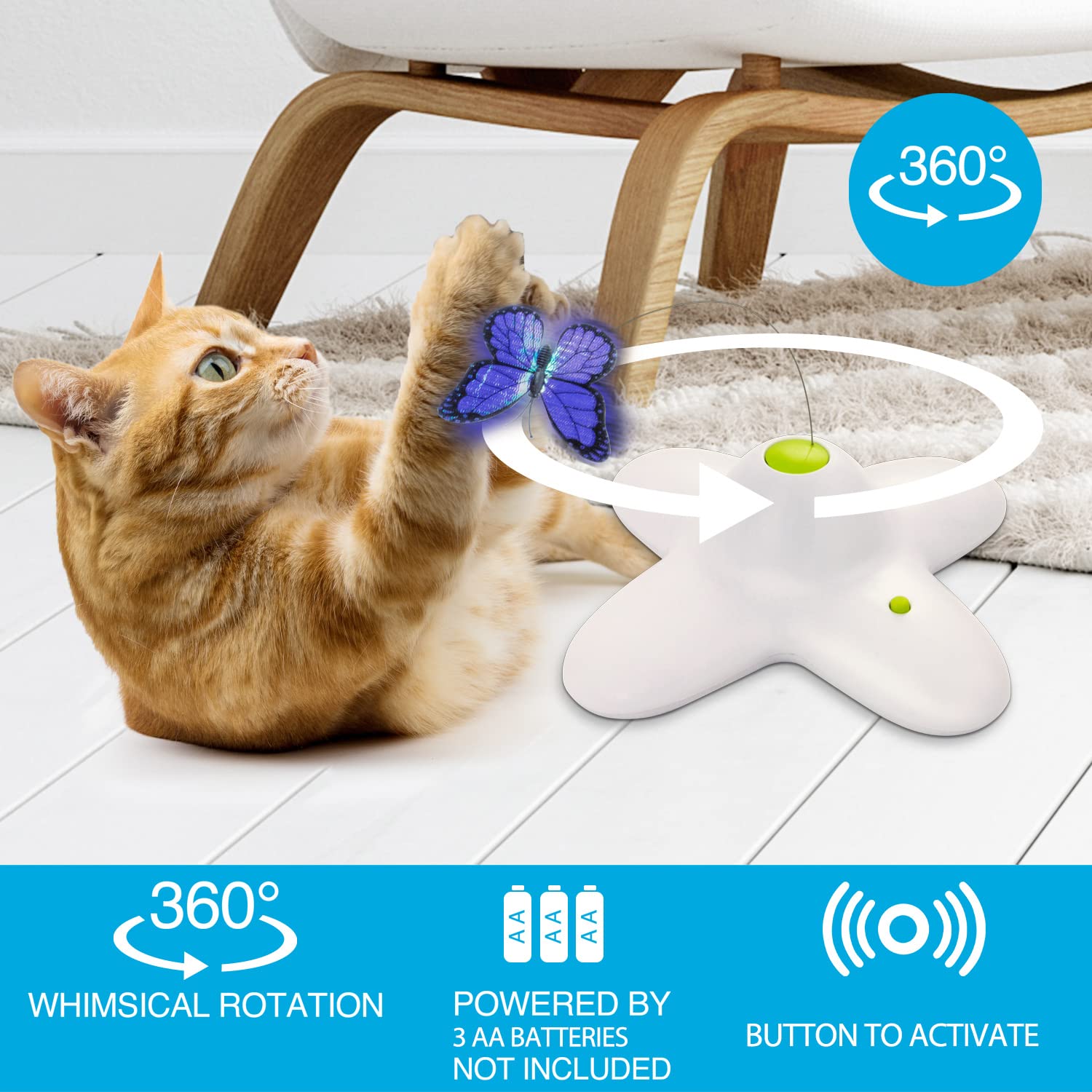 ALL FOR PAWS AFP Interactive Cat Toy - Butter-Fly Flutter Bug Toy for Indoor Cats, Model Primo2080, Classic Butterfly Color