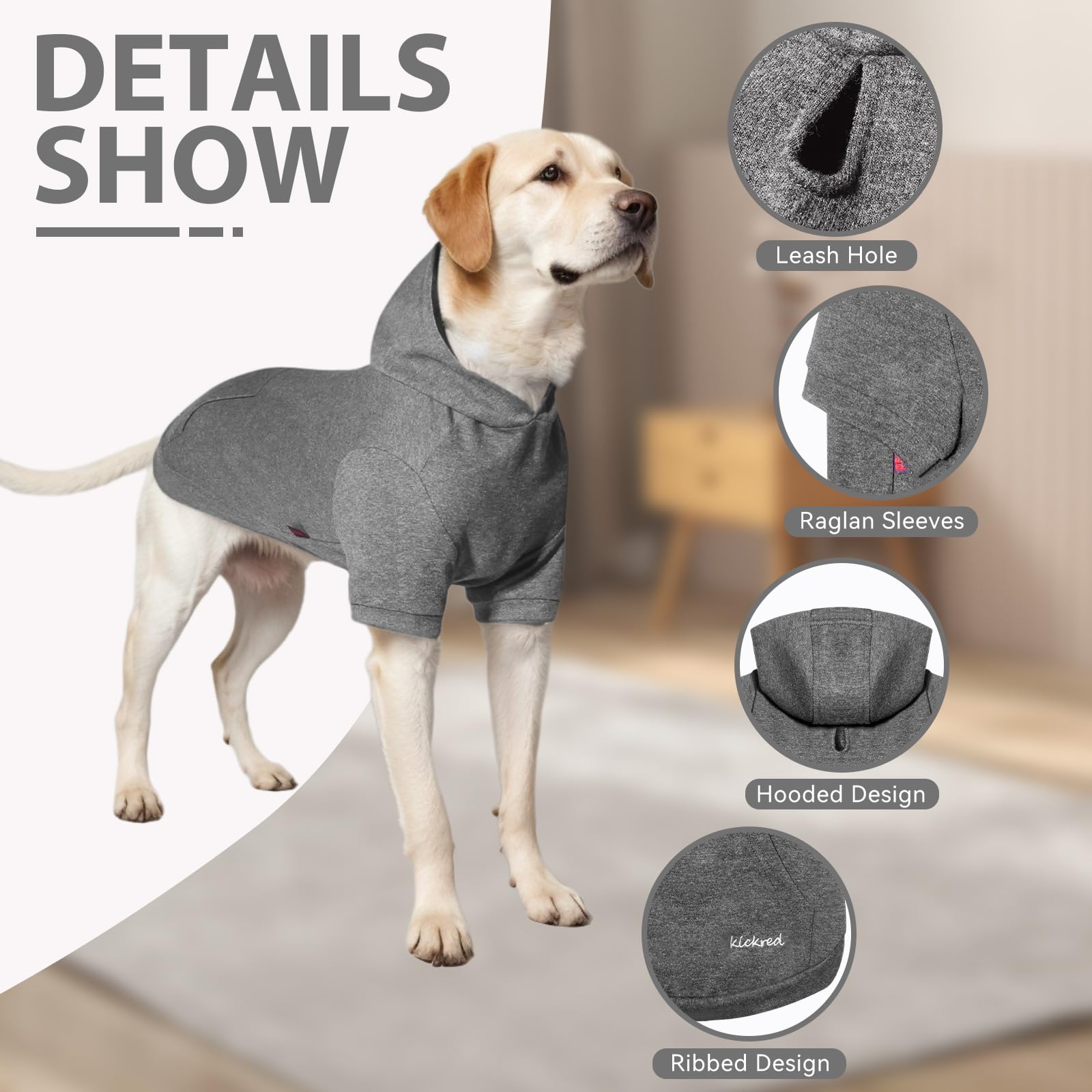 Kickred Basic Dog Hoodie Sweatshirts, Pet Clothes Hoodies Sweater With Hat And Leash Hole, Soft Cotton Outfit Coat For Large Med