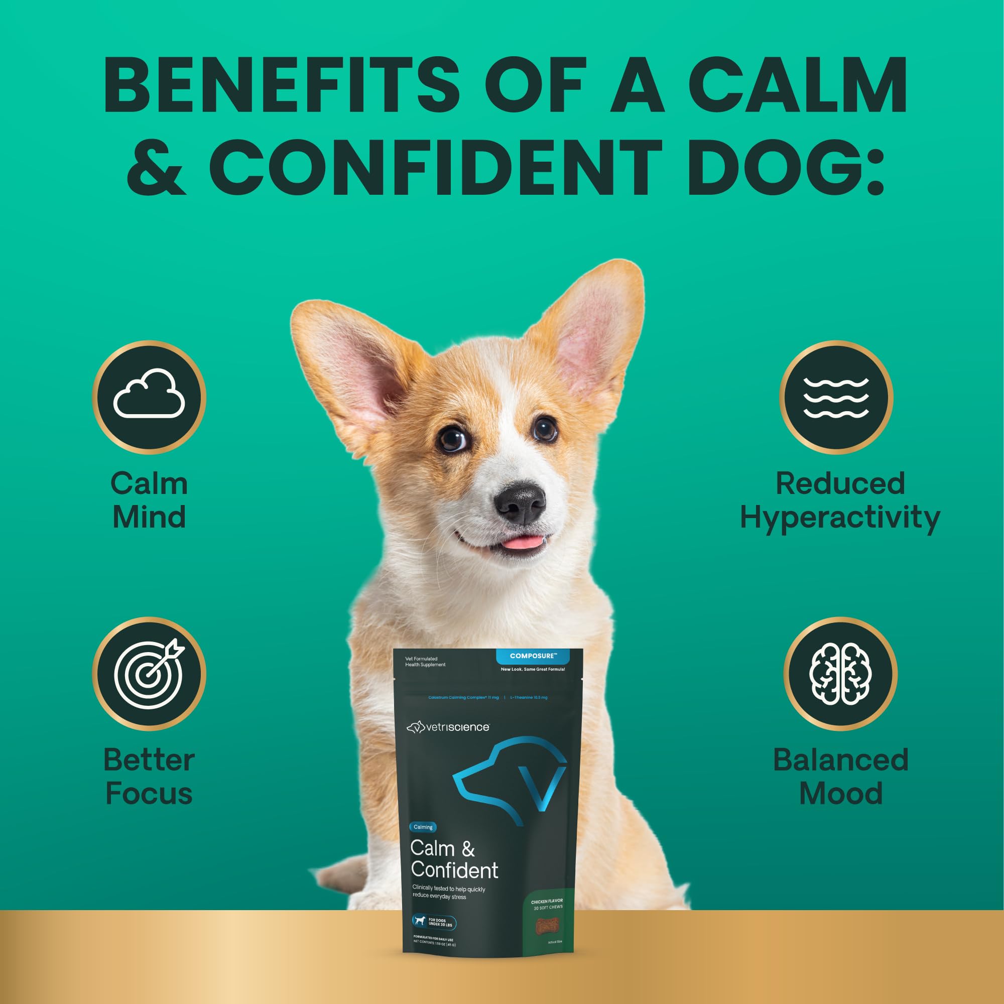 VETRISCIENCE Composure Calming Treats for Small Dogs and Puppies Anxiety, Separation Stress, Thunder and Barking - Yummy Chews P