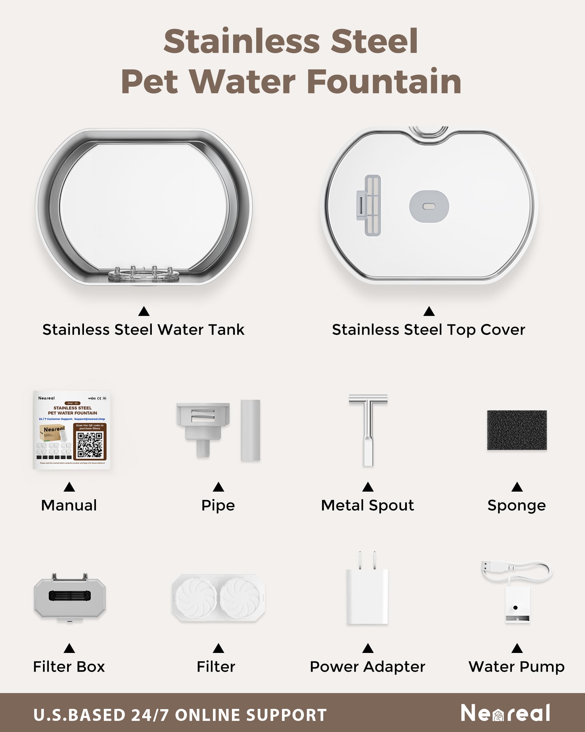 Cat Water Fountain Stainless Steel - Pet Drinking Fountain for Cats Indoor - 2.2L/74oz Automatic Water Dispenser with Watering L