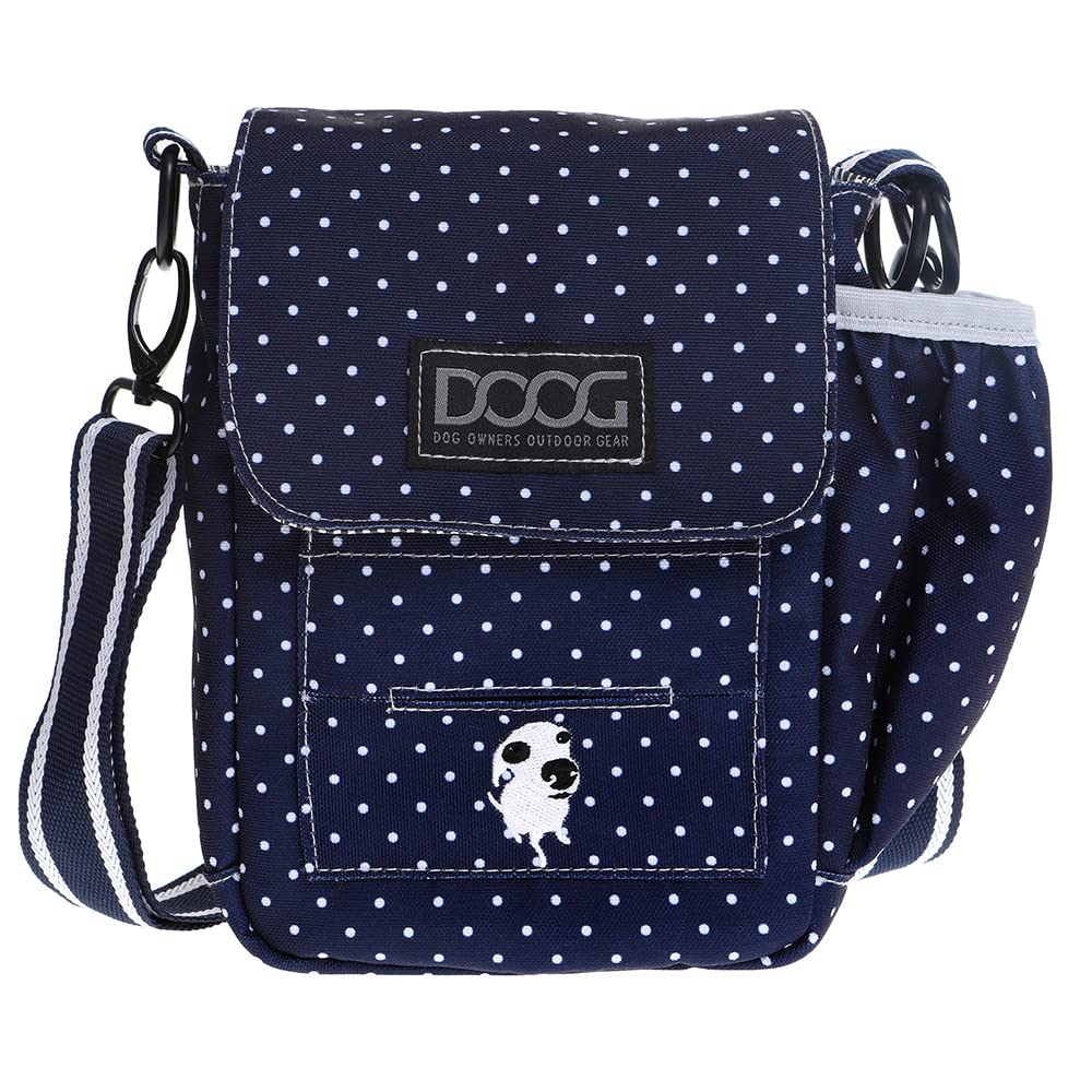DOOG | Walkie Bag | Adjustable Shoulder Bag with Poo Bag Compartment and Water Bottle Compartment | Navy with Polka Dots