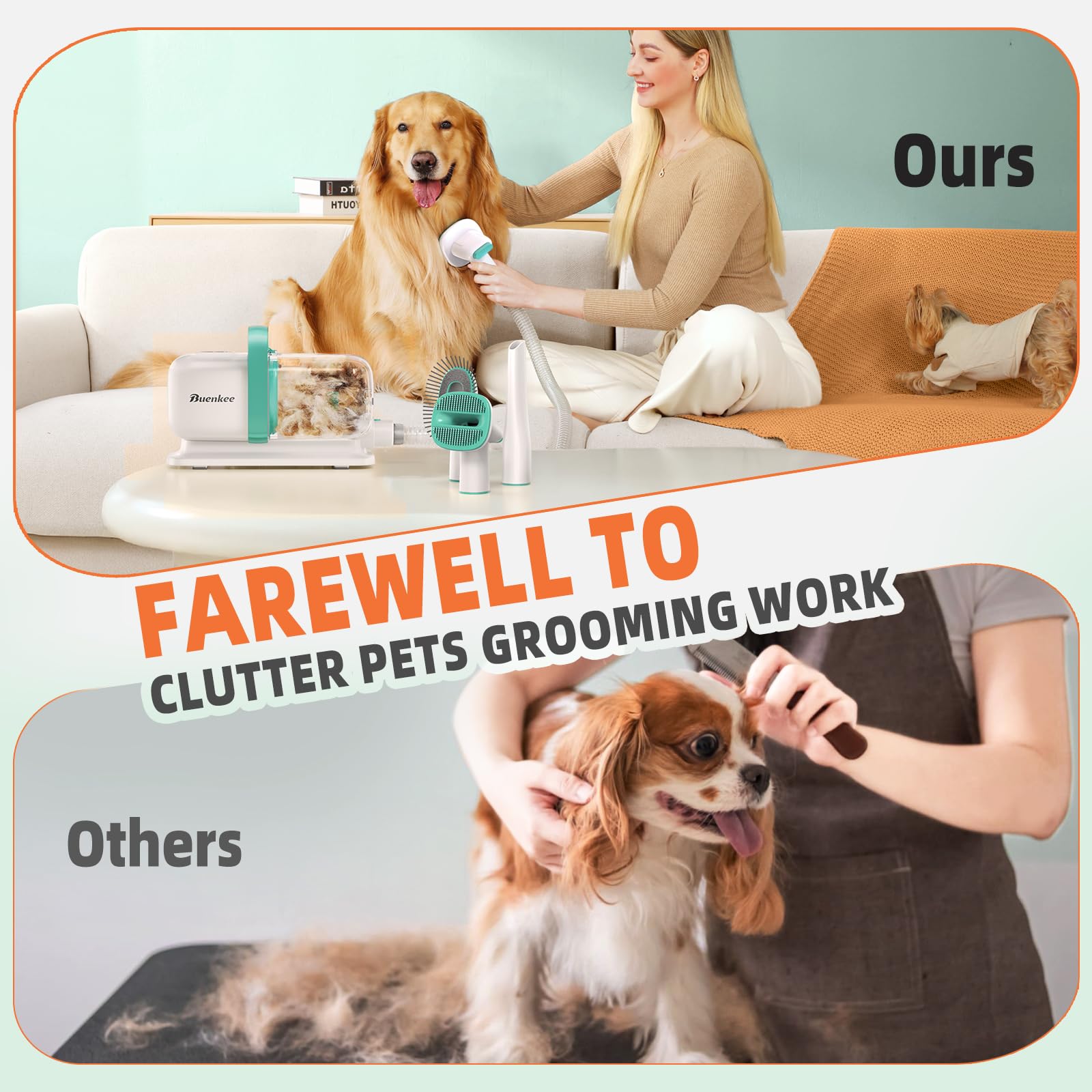 Buenkee Dog Grooming Vacuum, Dog Vacuum for Shedding Grooming, Low Noise Quiet Dogs Pet Fur Hair Remover Kit, 15kpa Cat Groomer