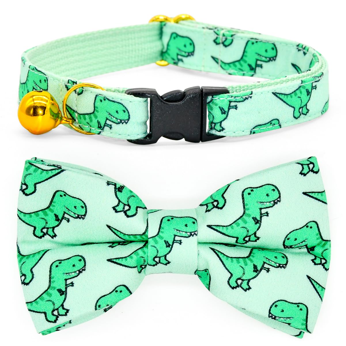 Cat Bow Collar, Green Dinosaur Pattern, Quick Release Safety Buckle, (6 - 10)
