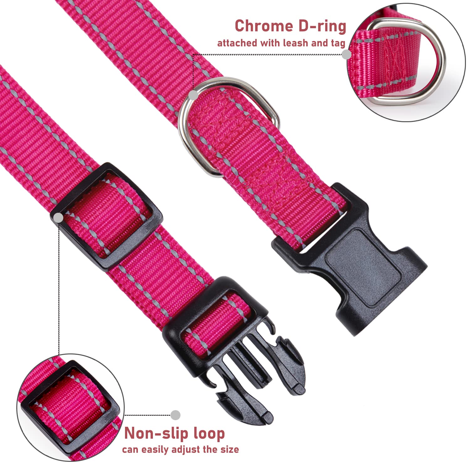 Reflective Dog Collar With Buckle Adjustable Safety Nylon Collars For Small Medium Large Dogs, Hotpink Xs