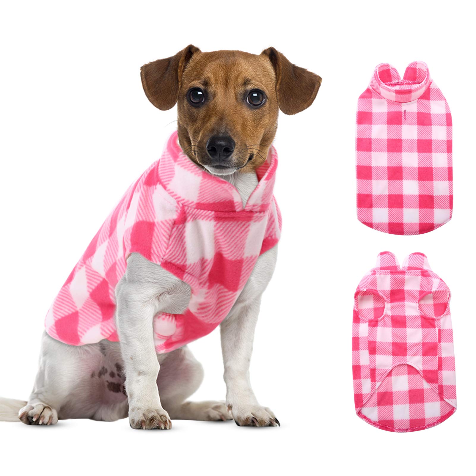 Asenku Plaid Dog Fleece Vest, Soft Comfortable Pet Pajamas, Warm Winter Dog Shirt, Cold Weather Coat Jacket - Pink, L