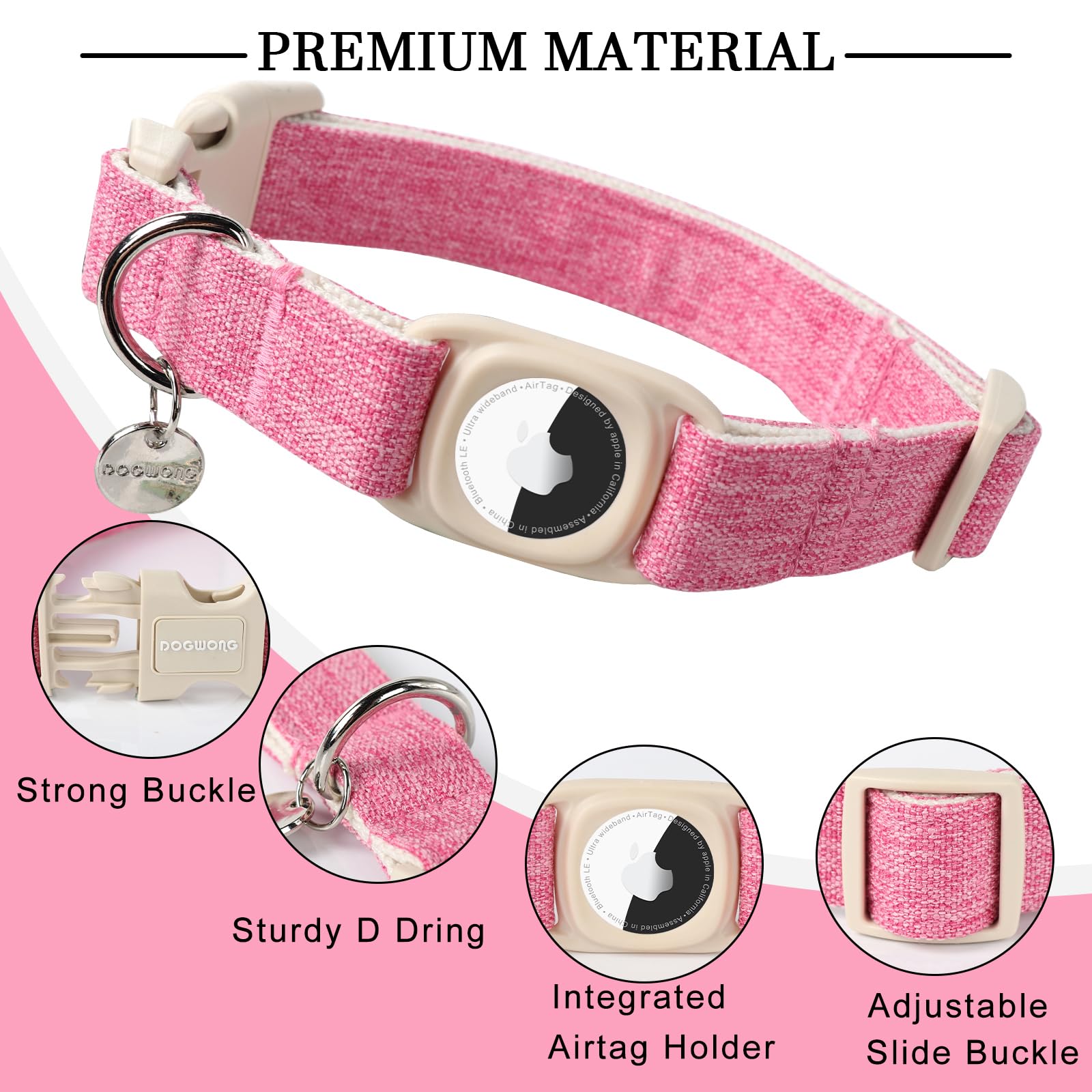 Dogwong Airtag Cotton Hemp Dog Collar, Heavy-Duty Dog Collar With Airtag Holder, Pink, Small, Unisex, Check, Dog Pattern, Suitab