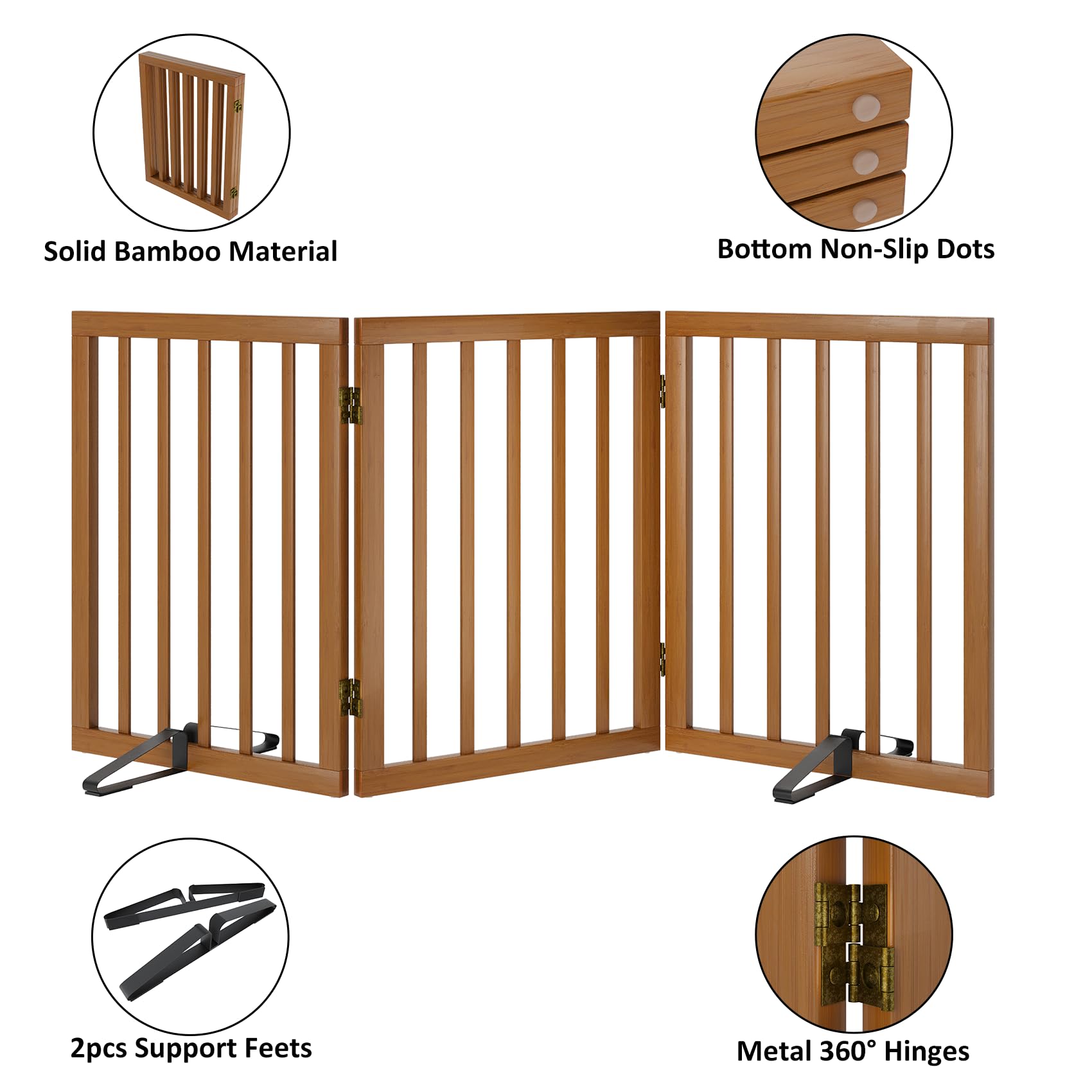 Mino Kesper Freestanding Pet Gate Foldable Dog Gate (55 inches Wide) Walnut Bamboo Dog Gates for Stairs Doorways House (2 Suppor