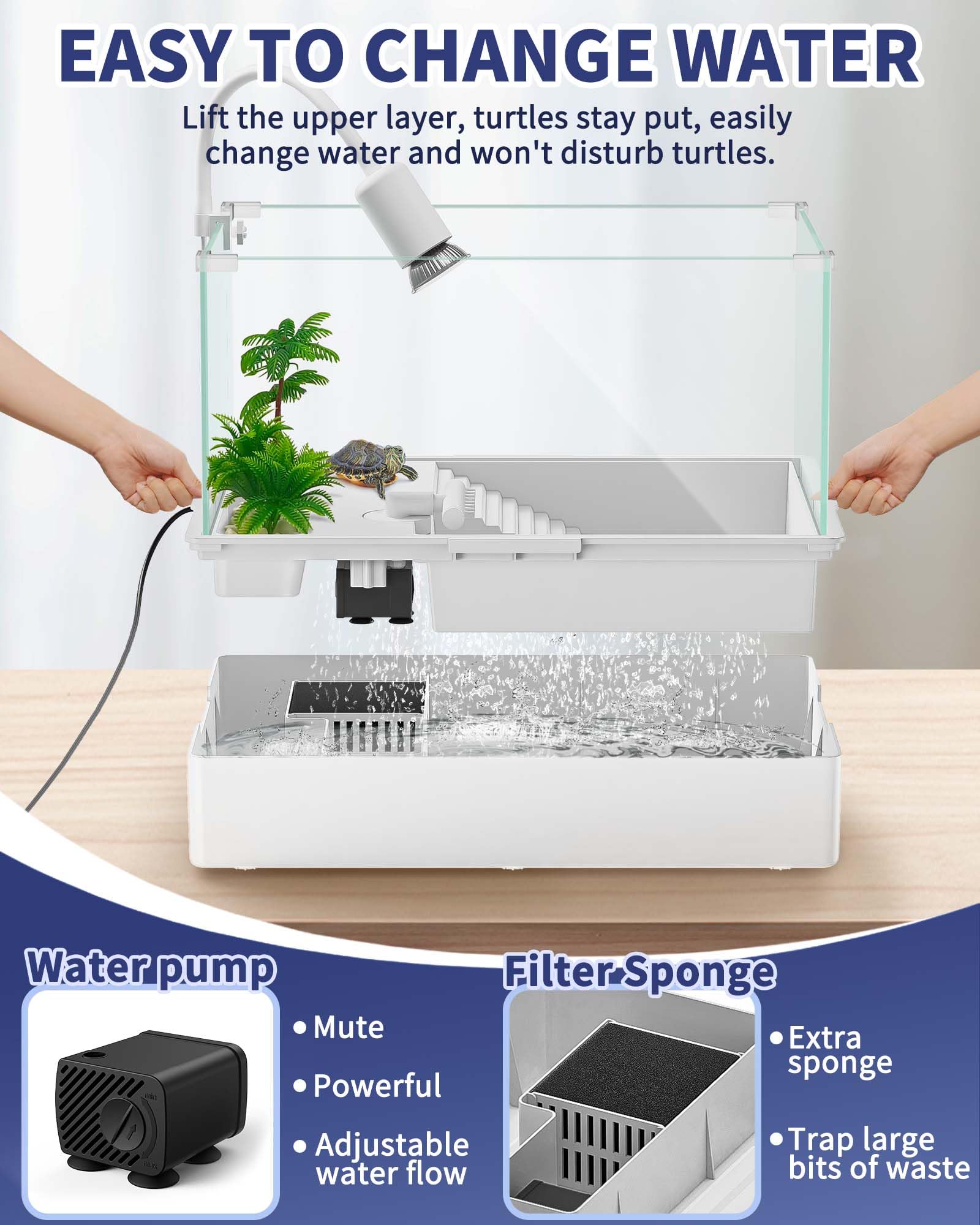 Moonorange Small Turtle Tank (Tank + Water Pump), Acrylic Turtle Tank Starter Kit With Upgrade Rain Shower Head, Adjustable 5W W