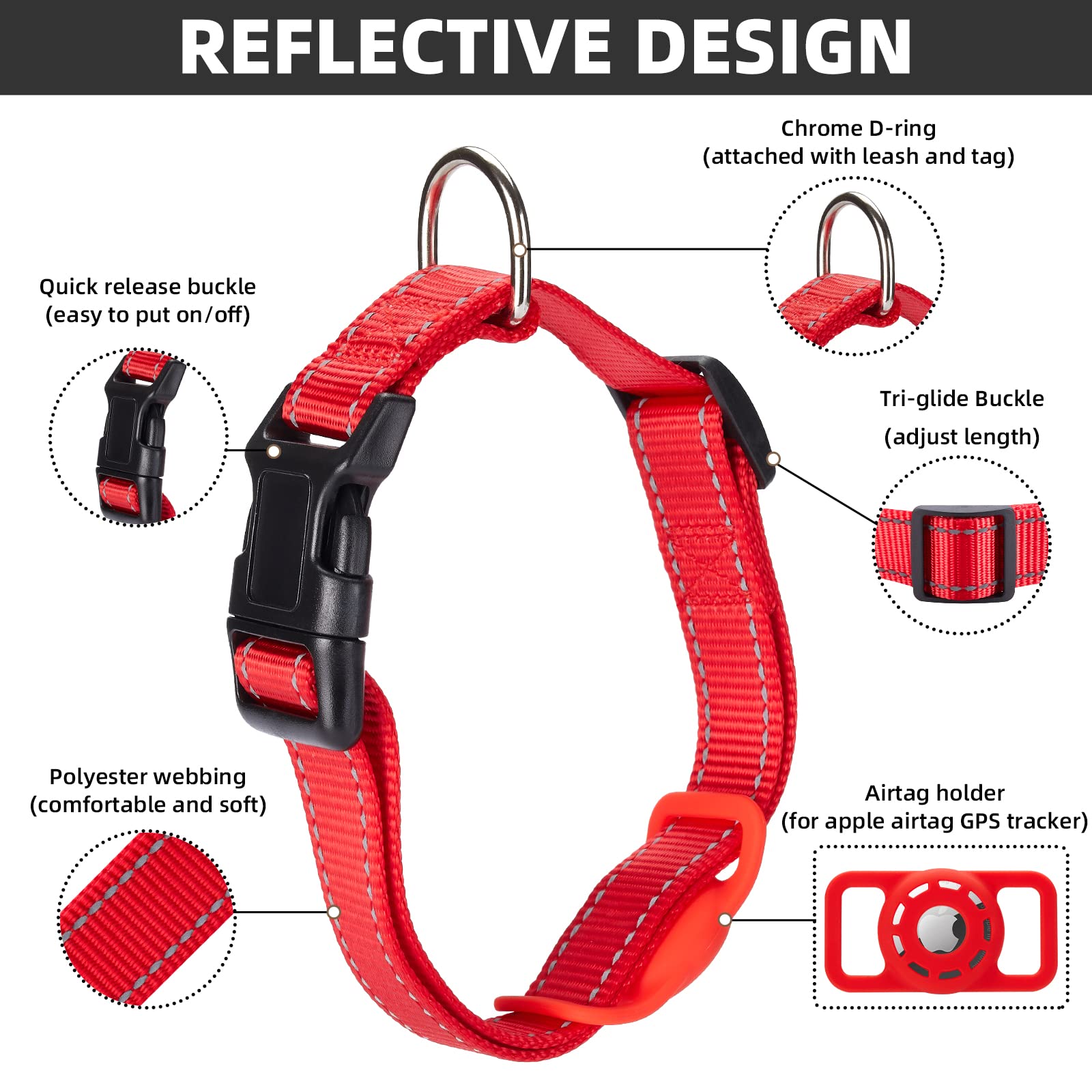 Konity Reflective Airtag Dog Collar, Compatible With Apple Airtag 2021, Nylon Pet Cat Puppy Collar With Silicone Airtag Holder For Small, Medium, Large, And Extra Large Dogs