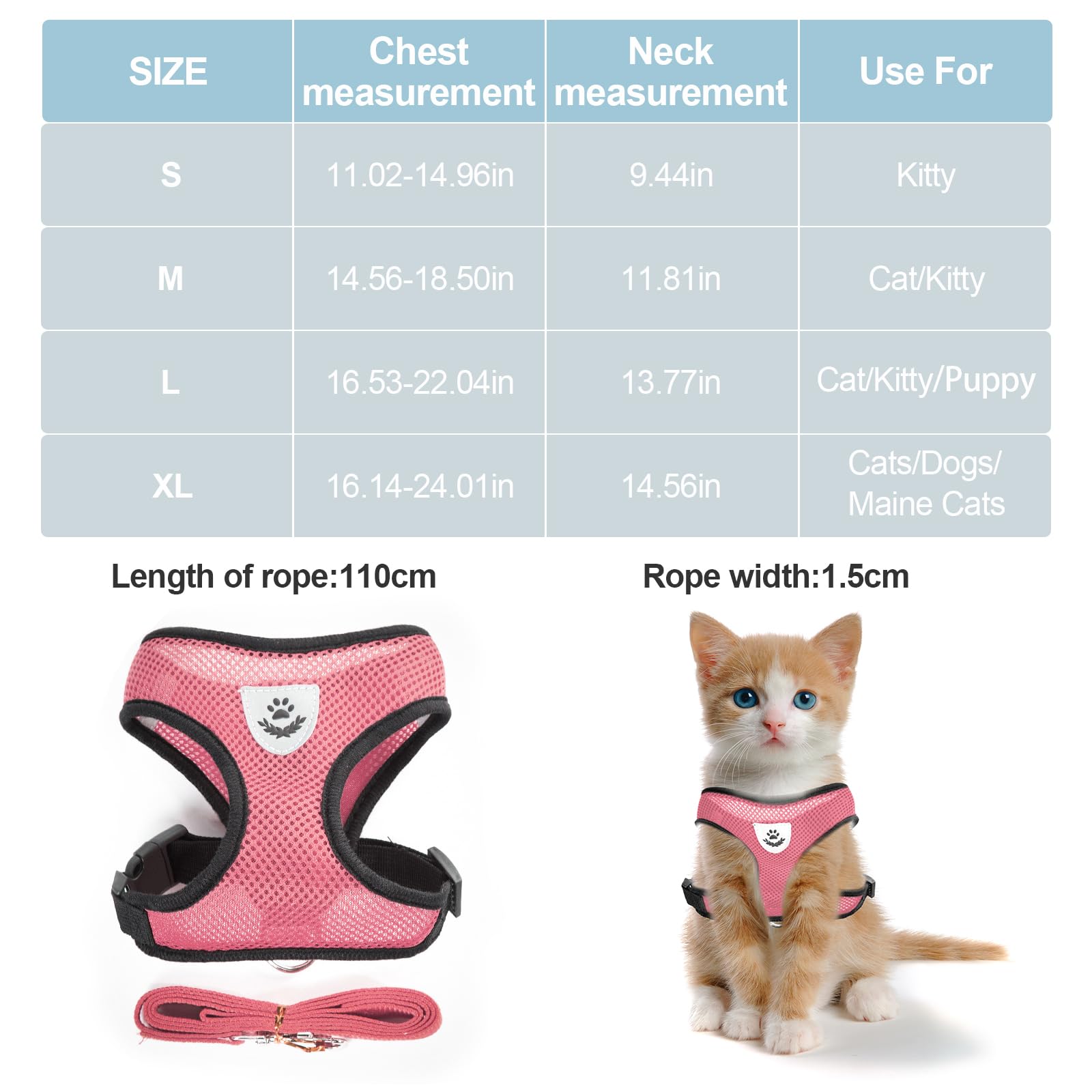 Shudyear Summer Cat Chest Harness And Leash, Anti-Escape Adjustable Soft Mesh Cat Leash And Chest Harness Set For All Types Of C