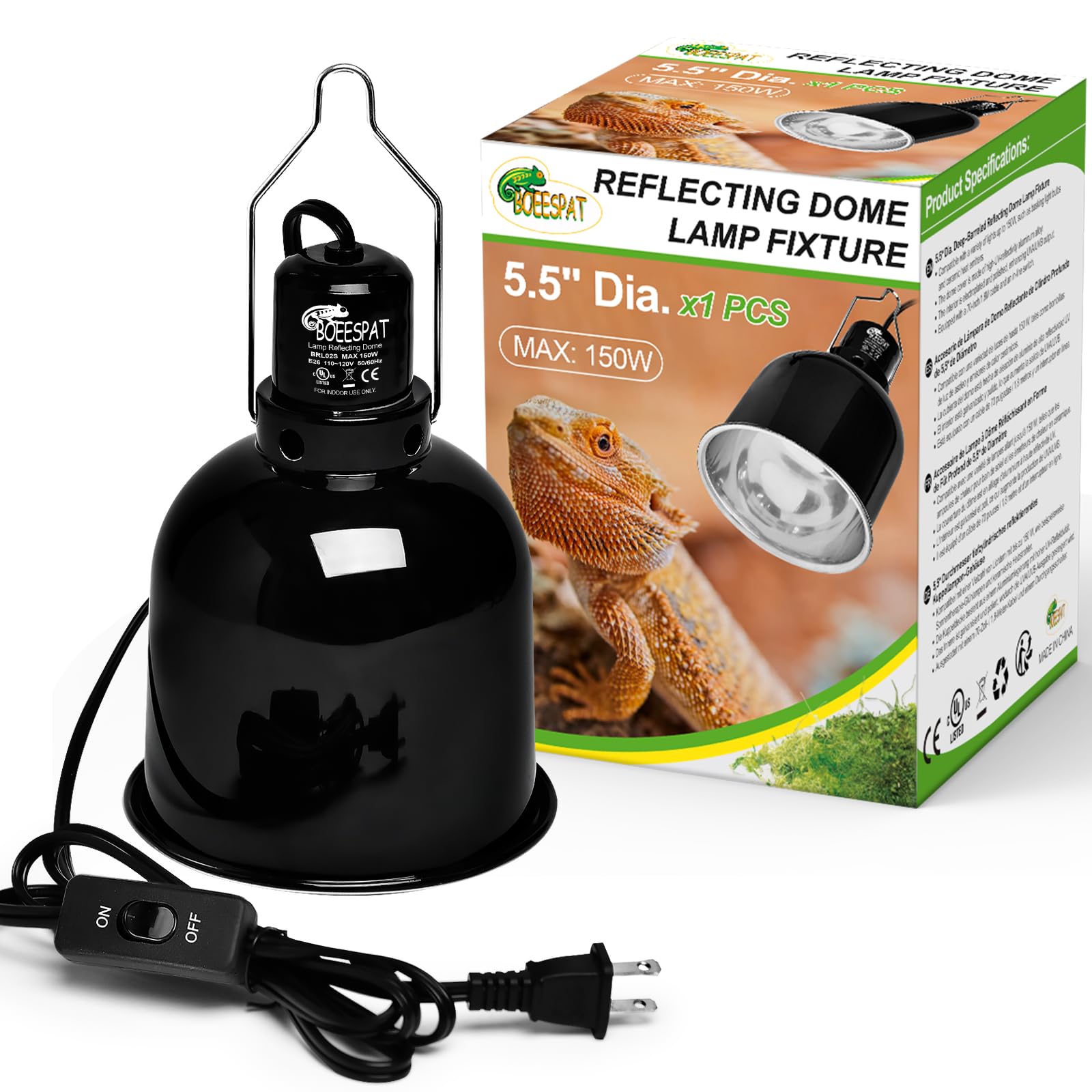 Boeespat Reptile Light Fixture 5.5 Inch Deep Dome With Switch, Optical Reflecting Cover For Uvb/Uva Basking Bulbs & Ceramic Heat