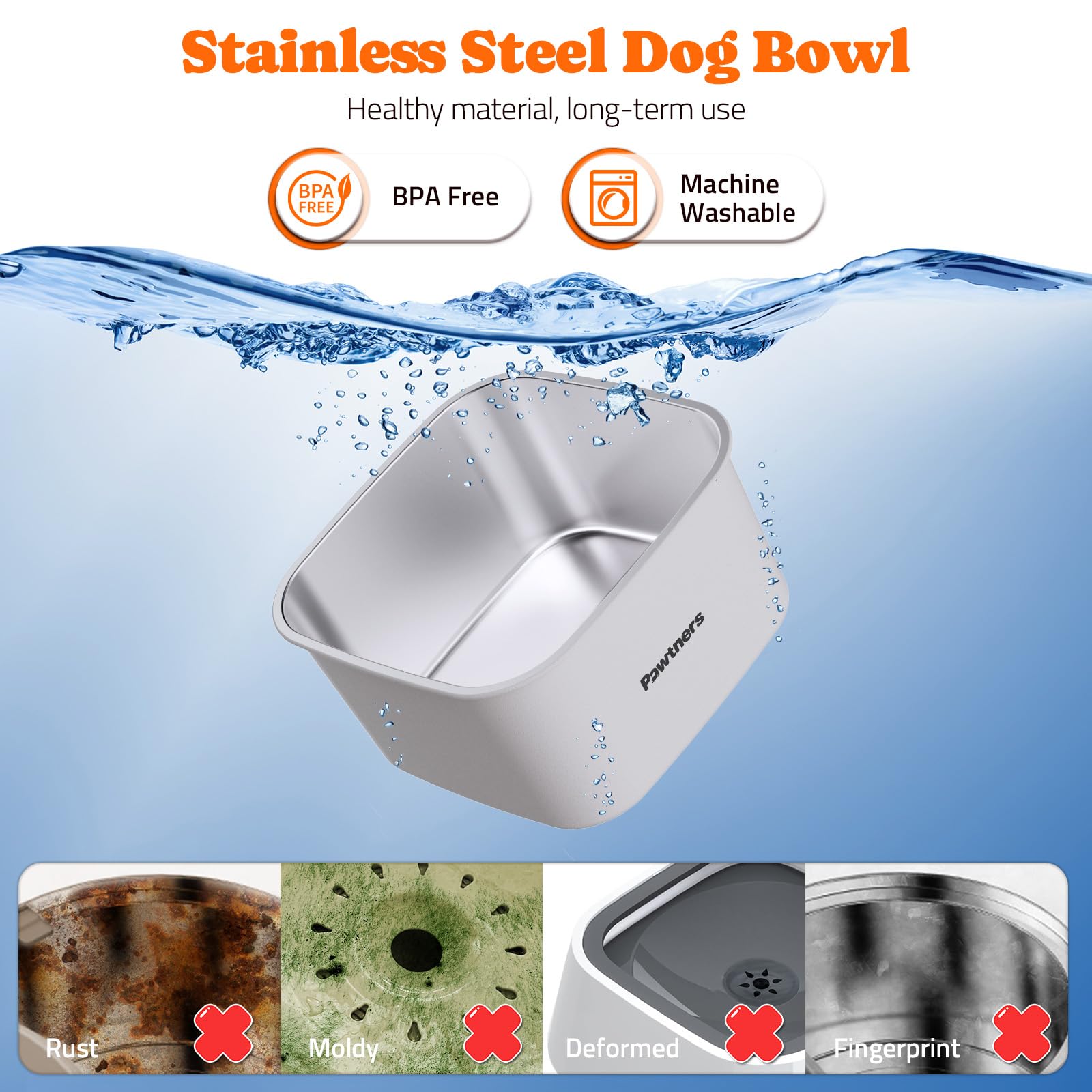 Pawtners Dog Water Bowl No Spill 4.5L Stainless Steel Slow Feed White, 10.2x10.2x4.5 Inch, Non-Slip Base for Medium Large