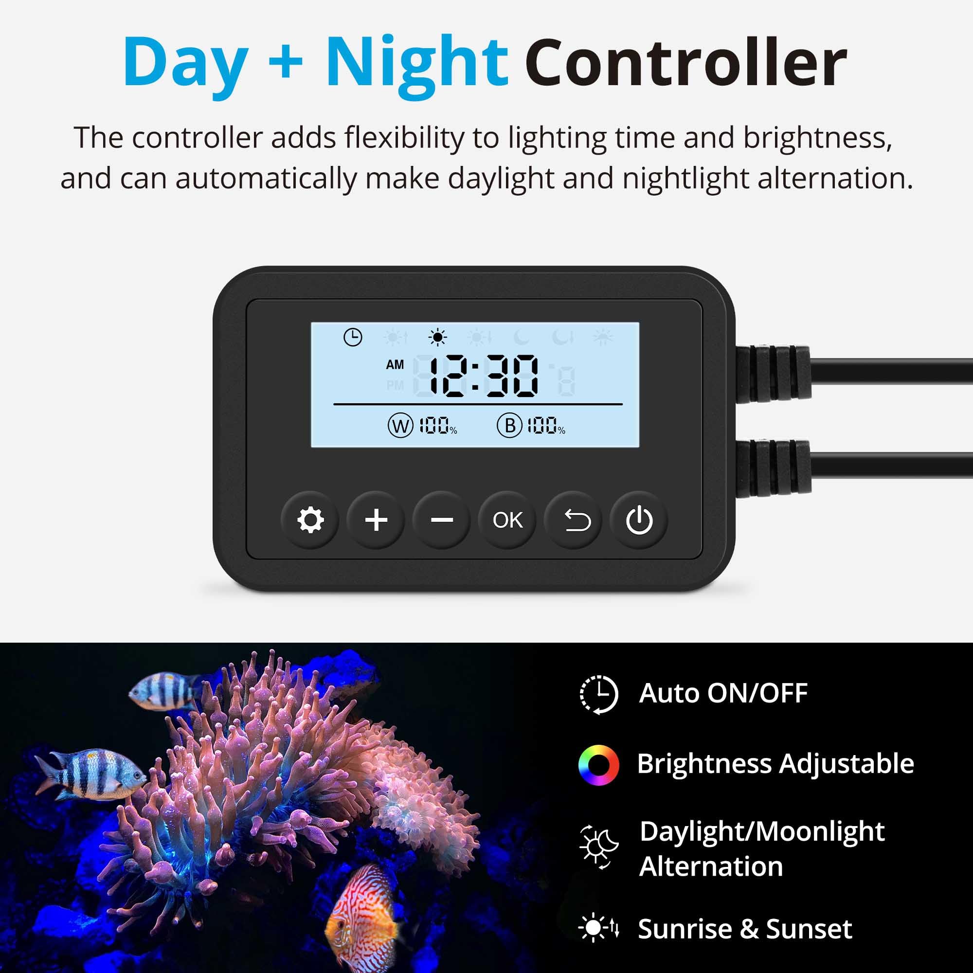 NICREW 24W Marine LED Reef Light for Corals, 24-30 in, Programmable Timer, Blue/White, Model N14803