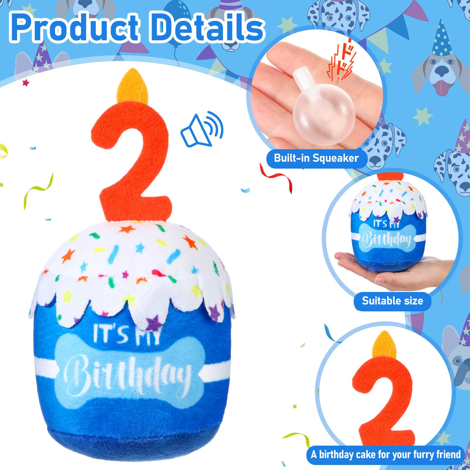Dansydaisy Dog 2Nd Birthday Cake Toy Accessories For Girl Boy Gifts, Blue Squeaky Plush Toy For Dog Birthday Party Decor Favor F