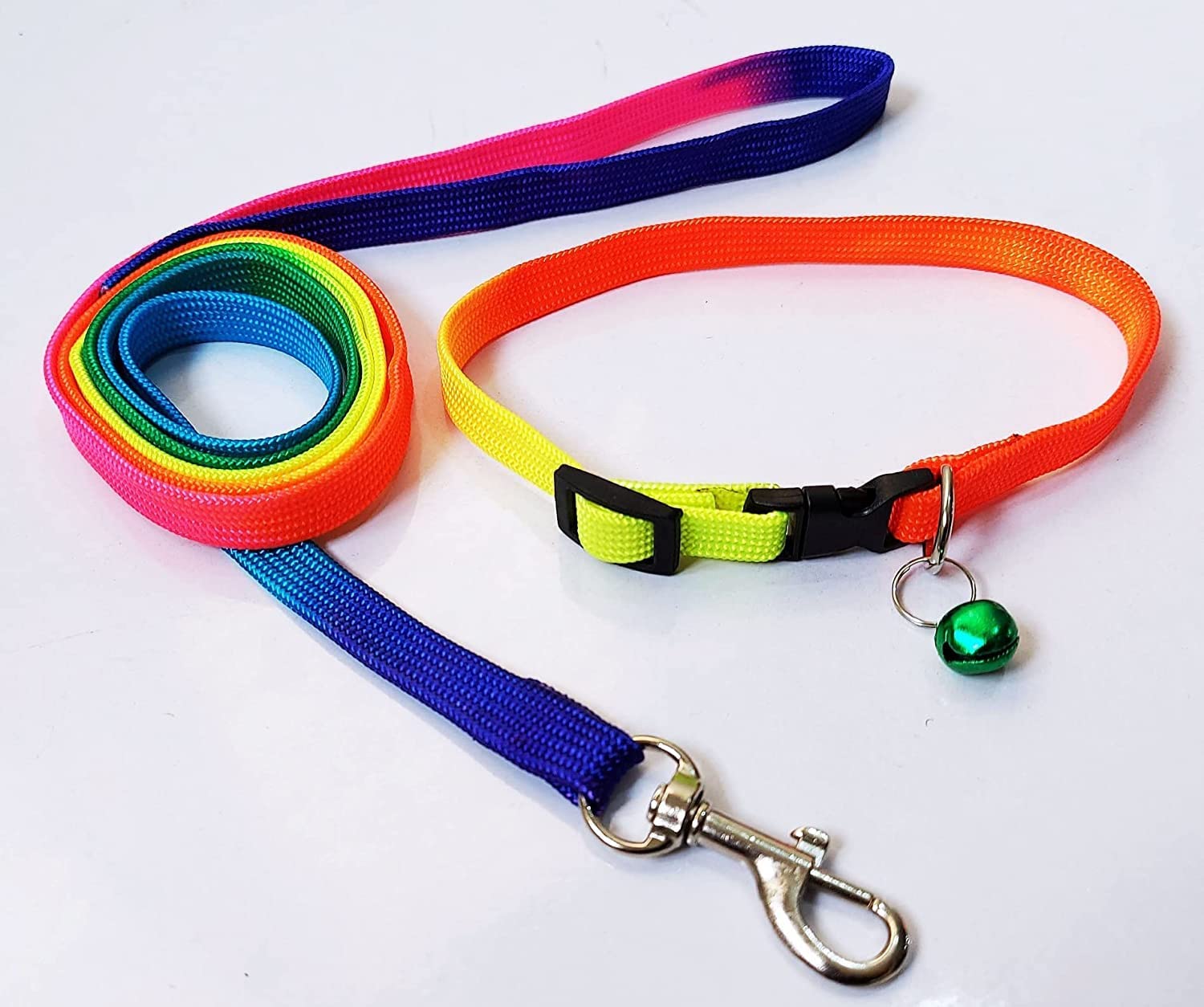 D&C Paws Rainbow Dog Collar And Leash Set With Bell  Adjustable Collar For Puppies, Small Dogs, And Cats (Neck Size: 712 Inche